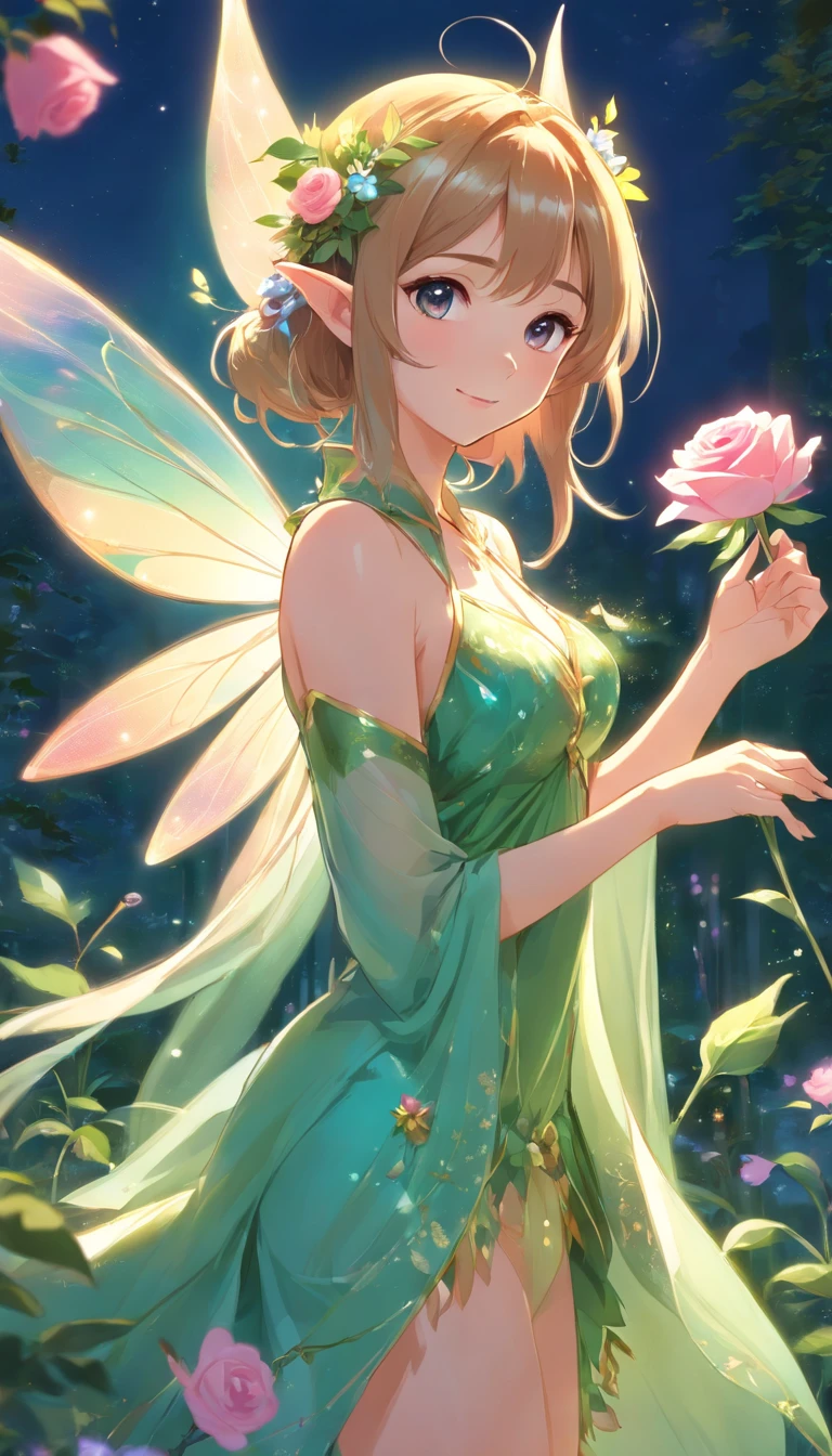 a drawing of a fairy with a rose in her hand, study of a flower fairy, fairy aesthetics, space flower fairy, faerie, portrait of a fairy, portrait of fairy, large breasts, deep cleavage, indented fabric, blushing, smiling as a queen of fairies, queen of the fairies, beautiful fairy, the non-binary deity of spring, fairy queen, elf girl wearing an flower suit, fairylike