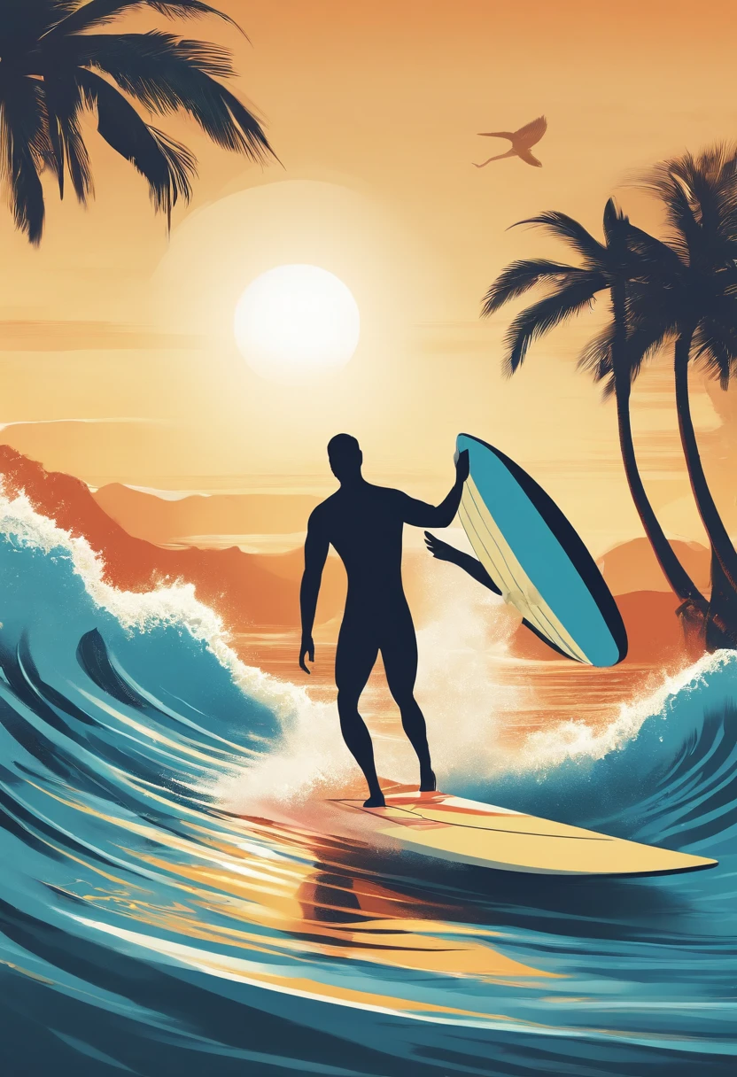 Illustrate a man confidently stepping onto a surfboard, ready to catch a wave, conveying the message of seizing opportunities and living in the moment. 2d flat illustration