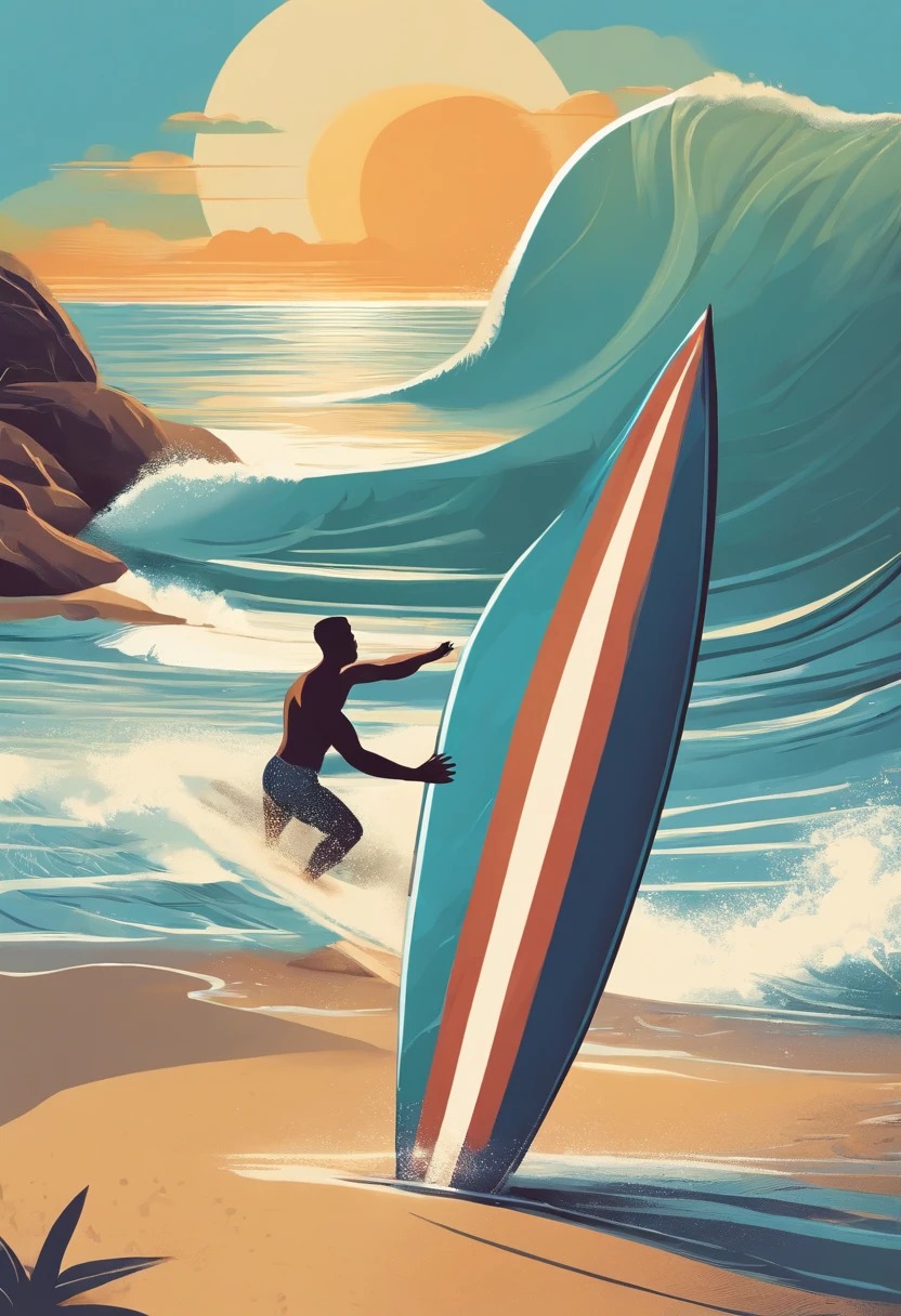 Illustrate a man confidently stepping onto a surfboard, ready to catch a wave, conveying the message of seizing opportunities and living in the moment. 2d flat illustration