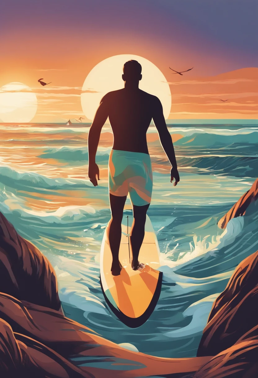 Illustrate a man confidently stepping onto a surfboard, ready to catch a wave, conveying the message of seizing opportunities and living in the moment. 2d flat illustration