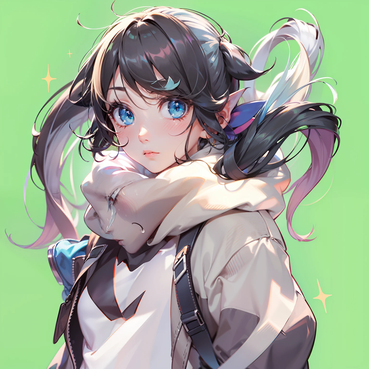 1girl in, Solo, masutepiece, best_quality, photo shot, looking in camera, Young Adult Gardevoir, tired expression, A pokémon, A pokémon (game), game freak, Nintendo, (Porcelain Skin), Blue eyes, (Black hair), (Messy hair in a ponytail), Black cardigan, Baggy T-shirt, Black sweatpants, 3rd Gen Pokémon, A pokémon (creature), White skin, Concrete background, leaning