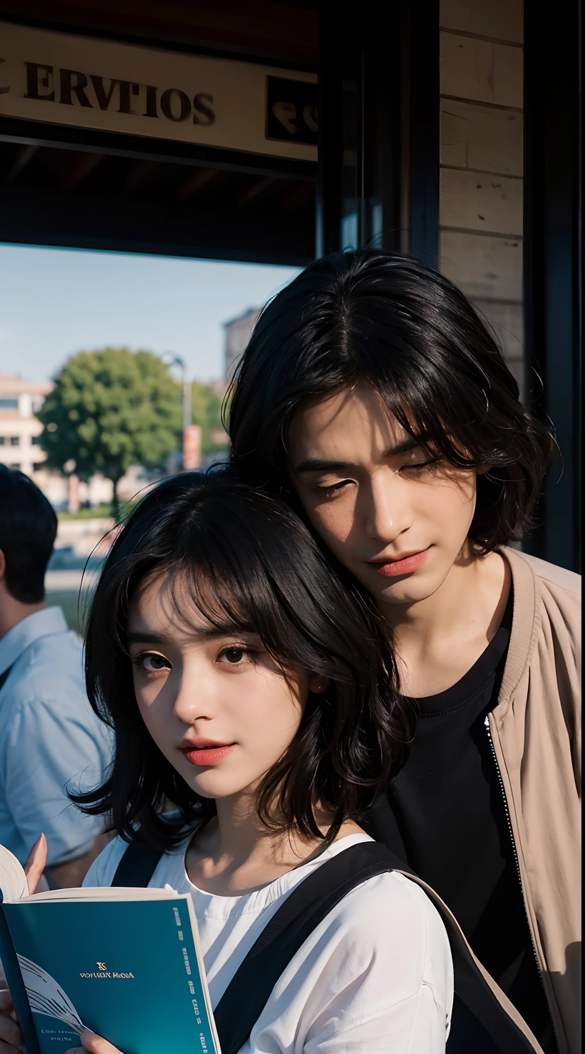 an illustration that highlights a man and a woman with beautiful, expressive eyes - the man's hair is straight and black, while the woman's hair is short and curly and also black. They are placed on a bright campus, each carrying books, and sharing a special moment characterized by love, laughter, and educational insights. Illustrate this scene from a perspective where they are facing away from the camera, showcasing their connection. Develop this artwork in Full HD, focusing on its cinematic touch.