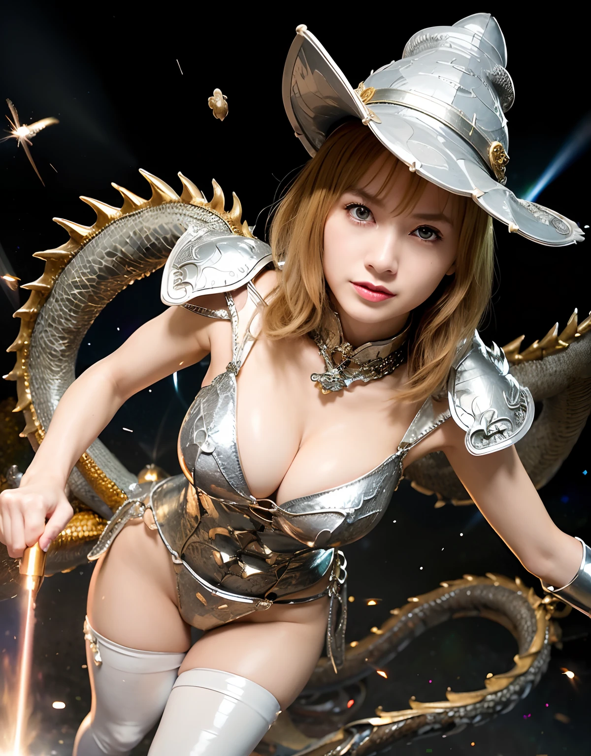 ((World of Darkness)),Professional , ​masterpiece、top-quality、photos realistic , depth of fields 、(((Fight dragons))),（Dragon Black Metal Body:1.9),(latexwhite、（cleavage of the breast）,（Fight dragons）、Full Body Angle、(((Particles of light))),（Micro Bikini Armor:1.7),Gorgeous gold weapons ,（Fight dragons）、Seductive look、The face of the dragon is out、（blood splattere、Armpit、（(((With a magic wand))), ） , (((Wearing a silver latex wizard hat))),（demonic wings）   ,（（a blond））、（Castle background）、（（Gangle's forest background））、Beautiful Caucasian beauty、１a person、Armpit、dynamic ungle,(((Detailed Dragon Wizard Hat)))、Smaller head、A smile、Castle background、Thin and beautiful female hands、cleavage of the breast、Soldier in iron armor on background、Mystical expression、Light Effects、intense fighting、Wind-effect、magic circles、With the legendary magic wand、Dragon's tail、explosions、Toostock、Toostock、(Beautuful Women),