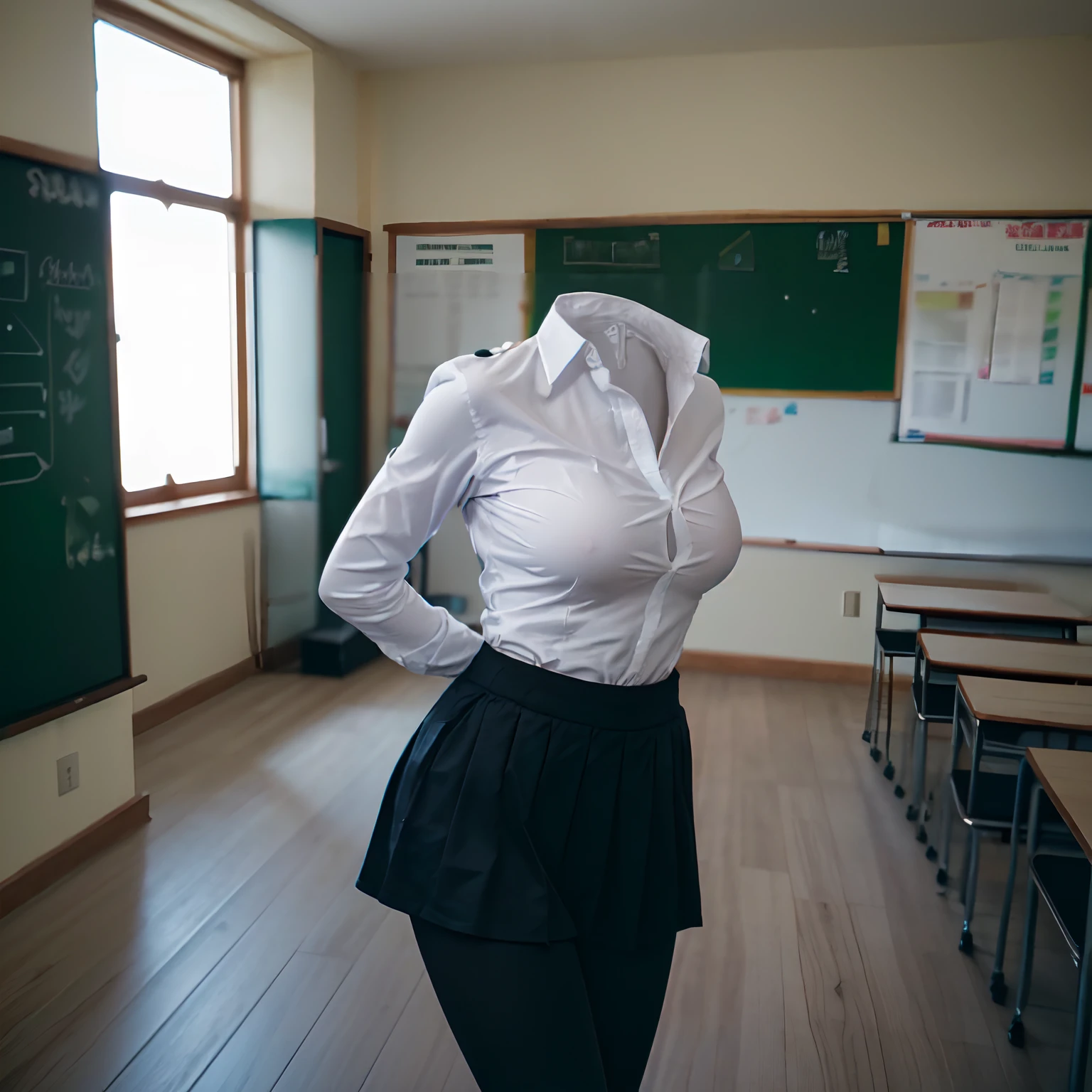 school uniform and leggings, ((invisible, no humans:1.5, headless:1.5, handless, legless)), big breast, (close-up to breast), in classroom,
(8k, RAW photo, best quality, masterpiece:1.2), (realistic, photo-realistic:1.37),photon mapping, radiosity, ((Hasselblad photography)),physically-based rendering,