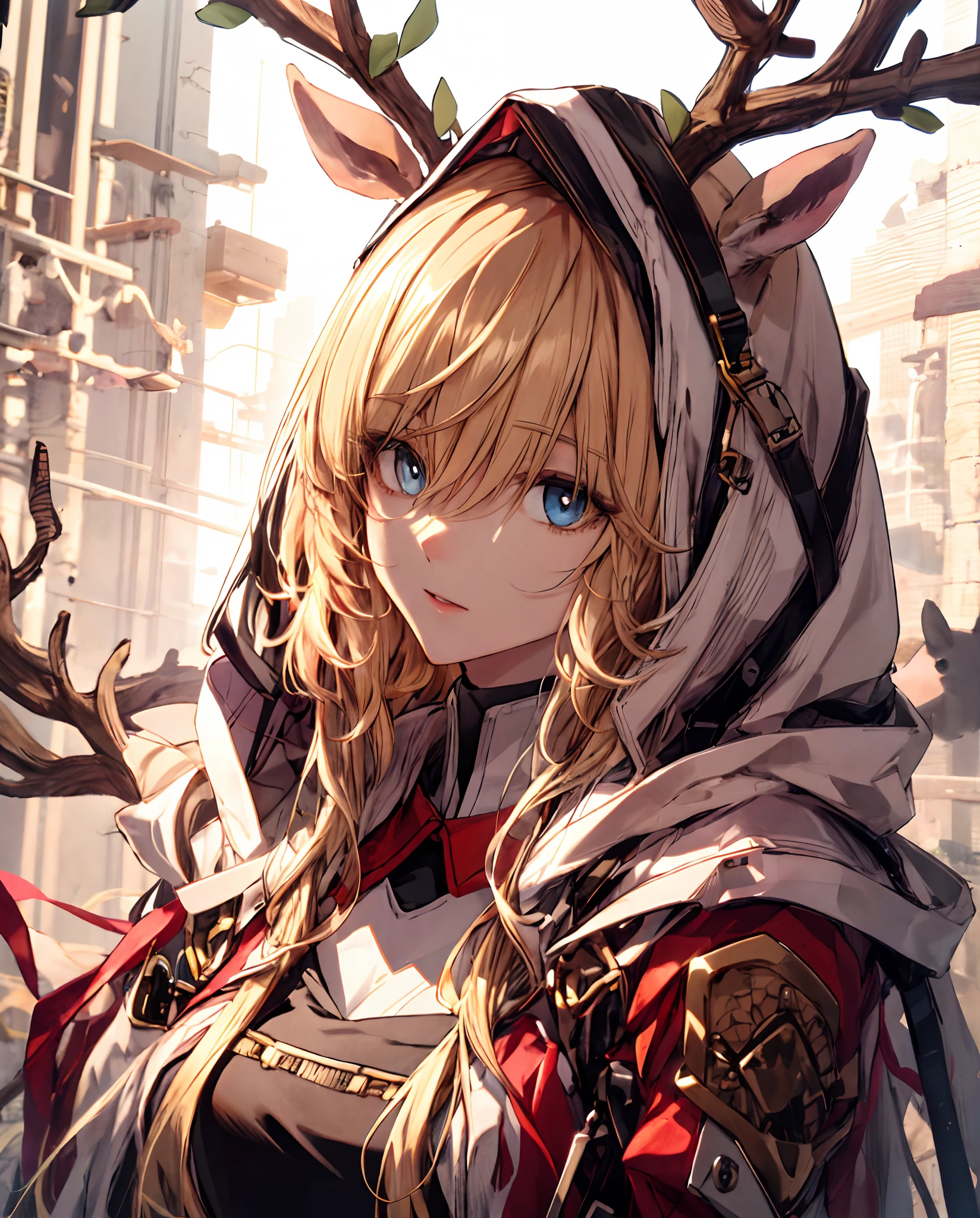 （hoang lap，A high resolution，Hyper-detailing），1girll，Anthropomorphic female deer，Complicated details，enlarged textures，Complicated details，Fine and detailed eyes and detailed face，Complicated details，blond hairbl，（perfect  eyes，matching eyes），（（sportrait））