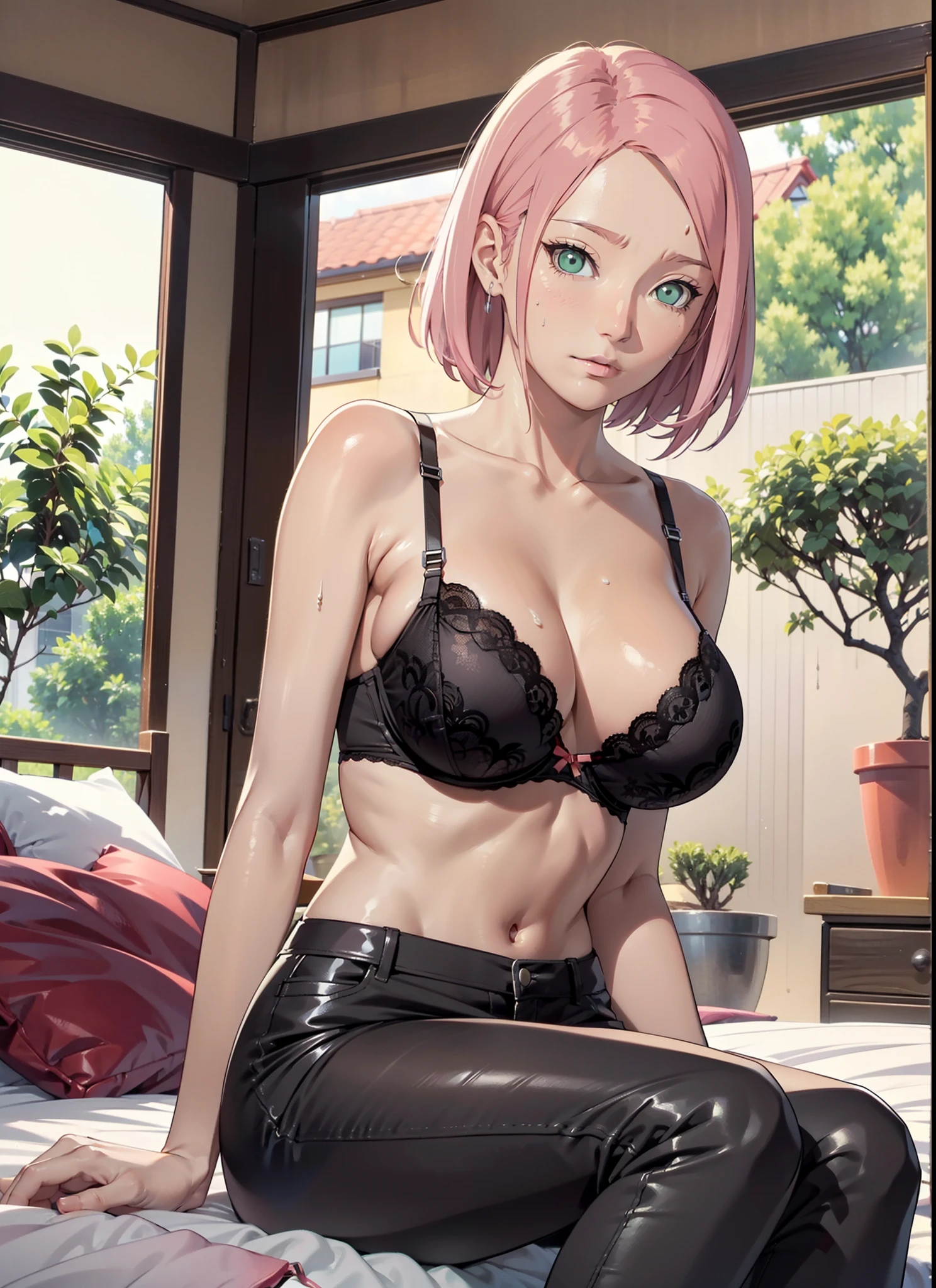 女の子1人,sexy body,perfect body,sehr enge kleidung,zeigt viel haut,sexy kleidung,,Breasts peep out,stehend im garten,sakura haruno,rotes Harrband, evening time, orange light, (( black bra)),hot black jeans,hot, big breasts, front view, sitting, bedroom, sit on bed((unbuttoning bra)) opening her bra, ((hands on bra)) cum on breasts, sweat on boobs