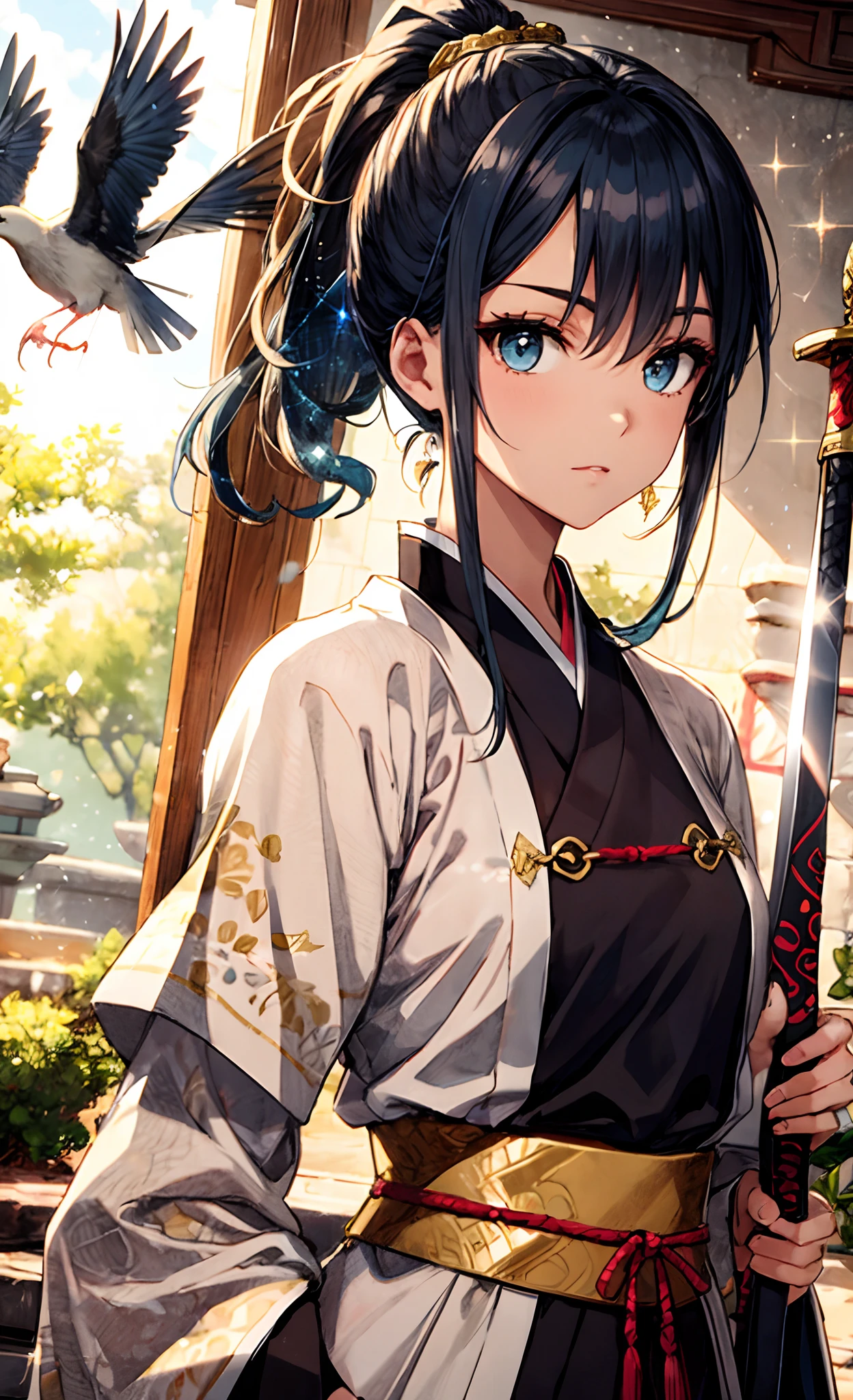 Masterpiece, Best quality, 1girll, Golden hair, blue color eyes, Female swordsman walking, Dutch angle, Cinematic, voluminetric lighting, rays of sunshine, Soft lighting, mistic, magical, rim lit, fantasy, Sparkle, glimmering, Ponytail hairstyle, Hanfu, Carrying a sword on his back, Ancient China, White and yellow clothes, Bird, The crane, Long hair, thick eyebrow