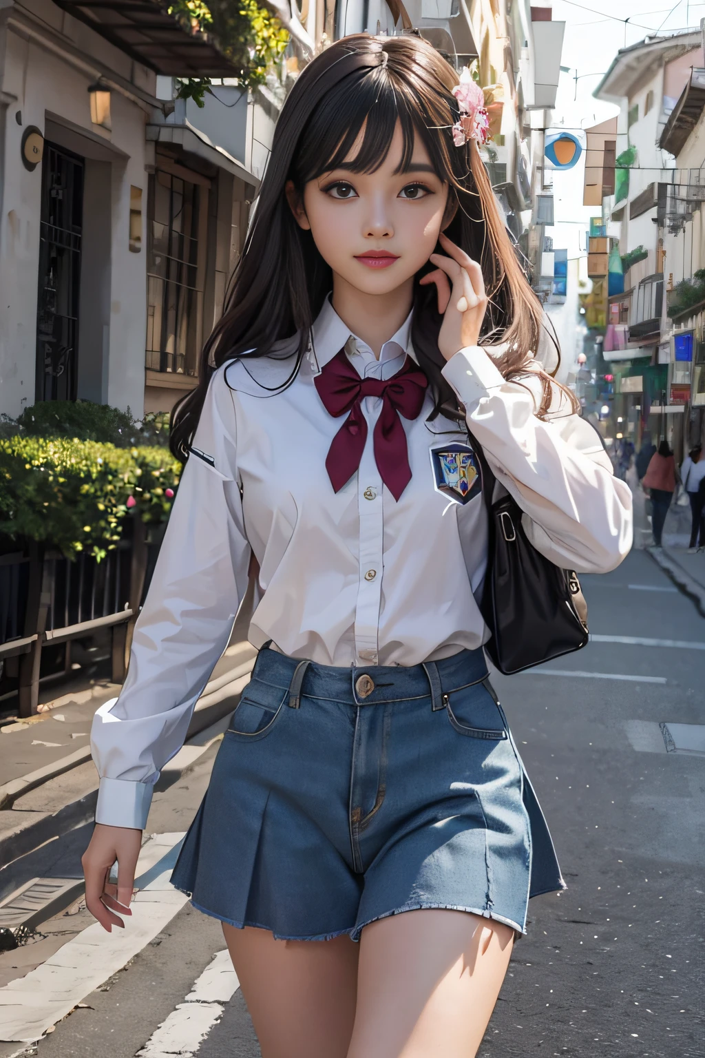 (realista: 1.4), melhor qualidade, ultra alta res,
4k, foto para redes sociais ,
altamente detalhado,
Uma garota , senior high school student,
(uniforme escolar do marinheiro: 1.2), manga comprida,
cabelo curto, franja,
sorrir
na escola,
Ypê flower , Background flowers falling behind her , HDR , cinematic picture ,