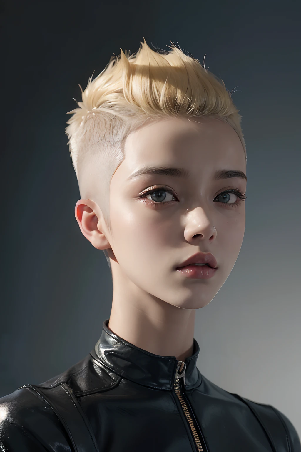 A 20-year-old woman with blonde hair, (hi-top fade:1.3), a dark theme, soothing tones, muted colors, and high contrast. The woman has natural skin texture and hyperrealism, with soft lighting that brings out the sharp details.