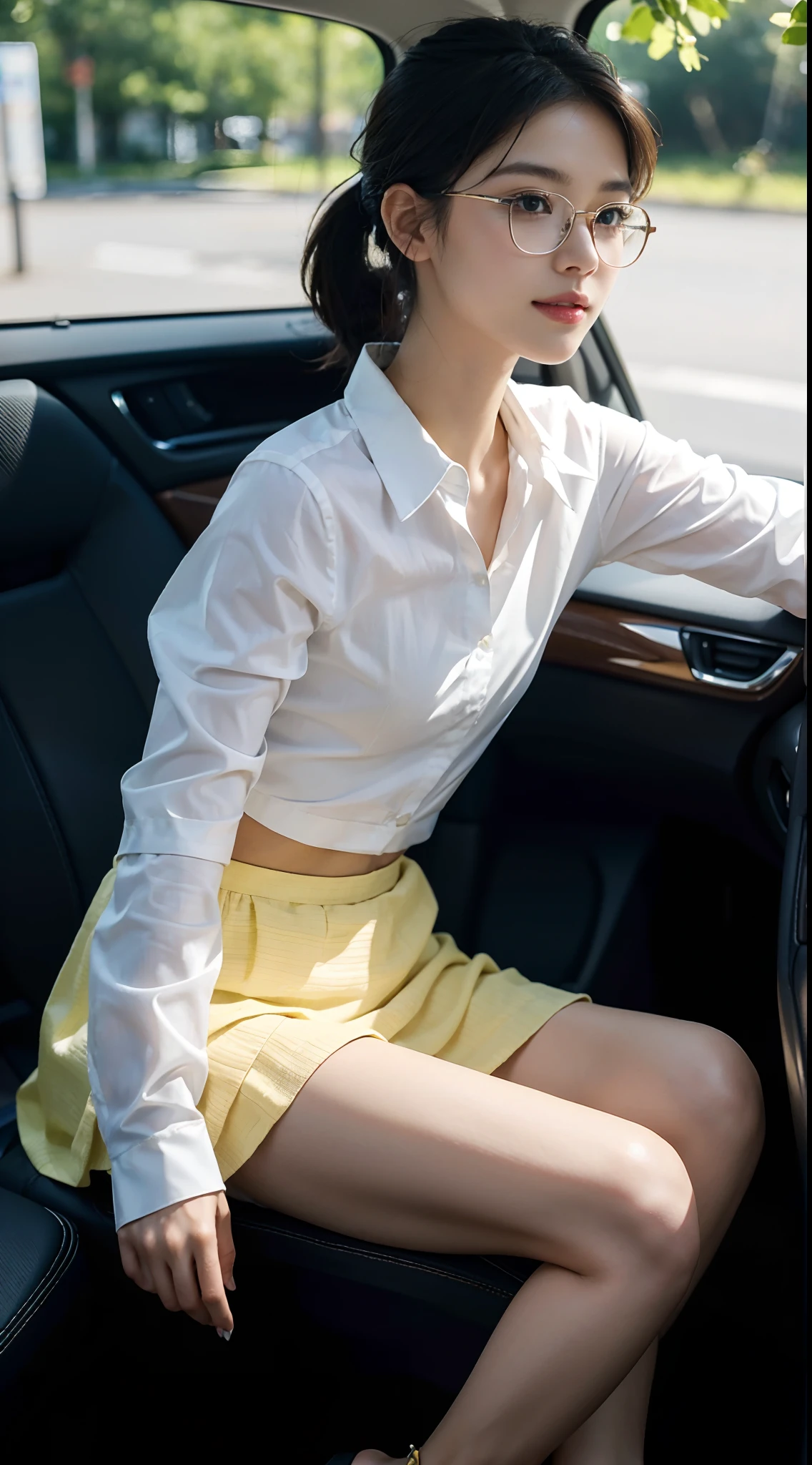 ((Small underboob)), (shoulder length straight short hair: 1.2), Black hair,Upper body, （Extremely meticulous CG 8k wallpaper），（Extremely refined and beautiful），（Masterpiece），（best qualtiy：1.0），（Ultra High Resolution：1.0），beautiful light up，Perfect lightning，realistic shaded，[A high resolution]，Smooth and flawless fair skin，Extremely exquisite facial details，（perfect body：1.1），ultra - detailed，A beautiful girl，small head，Short ponytail，(Small breasts:1.1)，Flat chests，slim，thin，Smile，cheerfulness，glasses，(white collared long sleeved shirt:1.1），（Maxi light yellow long skirt:1.1），(White sandals:1.1)，early autumn，Morning，sitting in a spacious private car，A female driver，Place hands on the steering wheel，driving car,Looking forward in the direction of the vehicle's movement， Close Shot，
