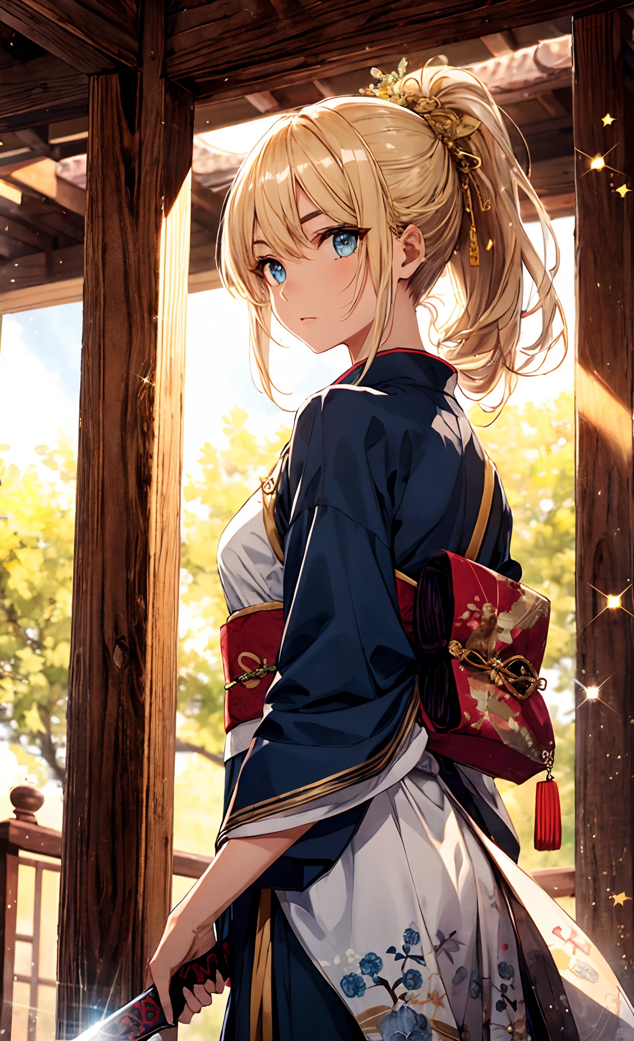 Masterpiece, Best quality, 1girll, Golden hair, blue color eyes, Female swordsman walking, Dutch angle, Cinematic, voluminetric lighting, rays of sunshine, Soft lighting, mistic, magical, rim lit, fantasy, Sparkle, glimmering, Ponytail hairstyle, Hanfu, Carrying a sword on his back, Ancient China, White and yellow clothes, Bird, The crane, Long hair, thick eyebrow