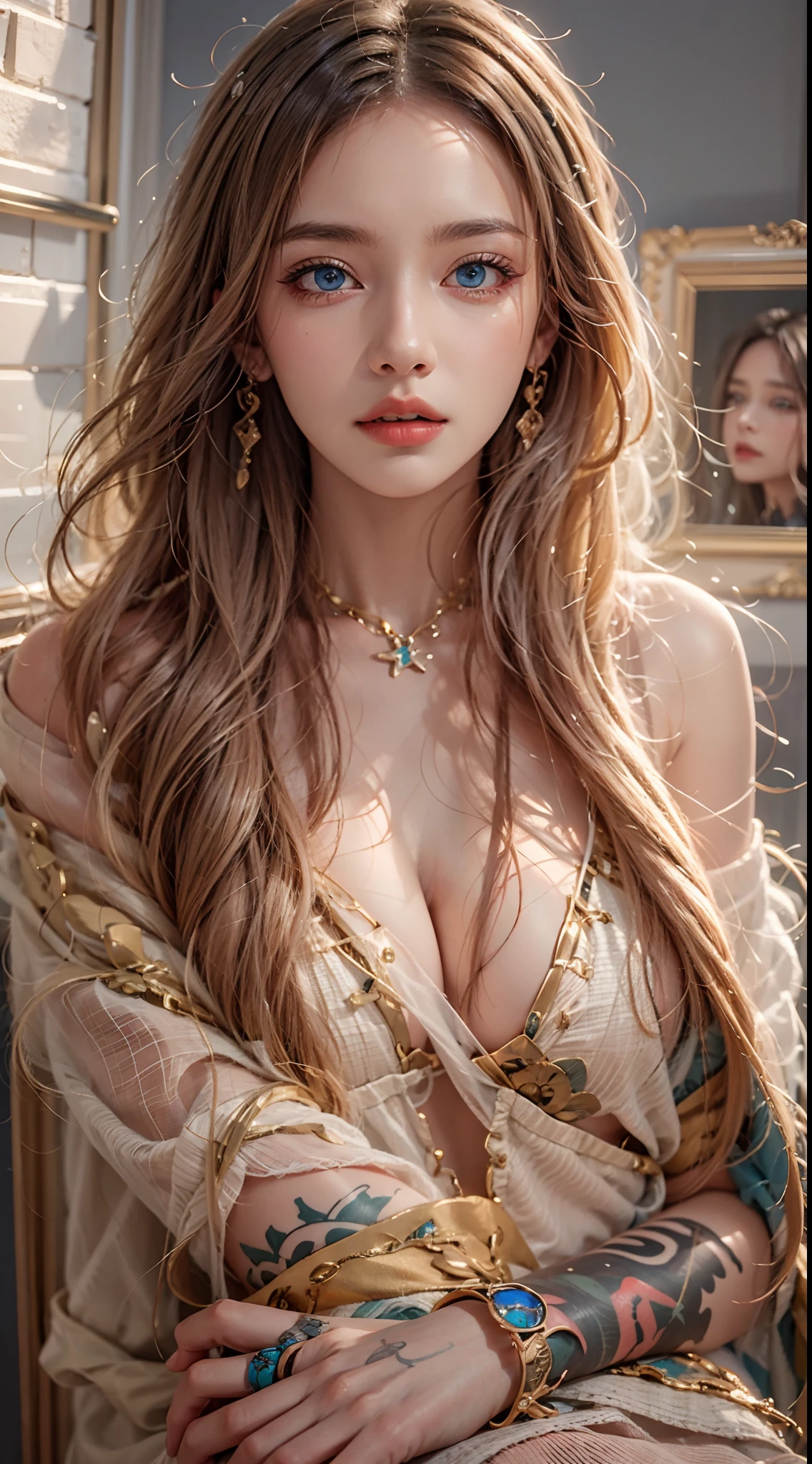 photorealistic, masterpiece, photorealistic, high resolution, soft light, hips up, blue eyes, long hair, jewelry, tattoo, pink suit, cool style