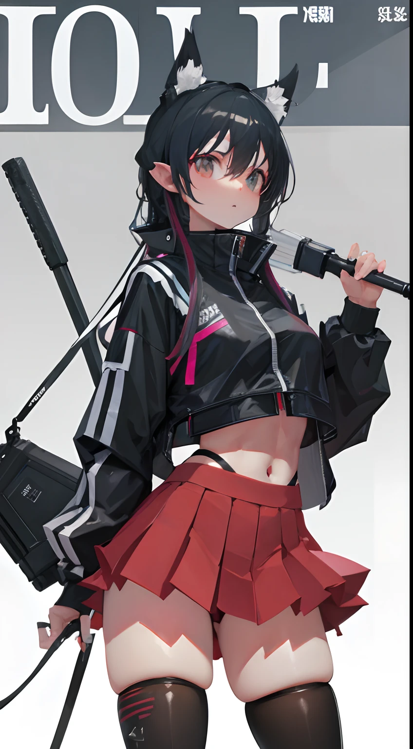 a girl wearing techwear, medium length hair, pointy ears, seductive look, blank background, cover shoot,