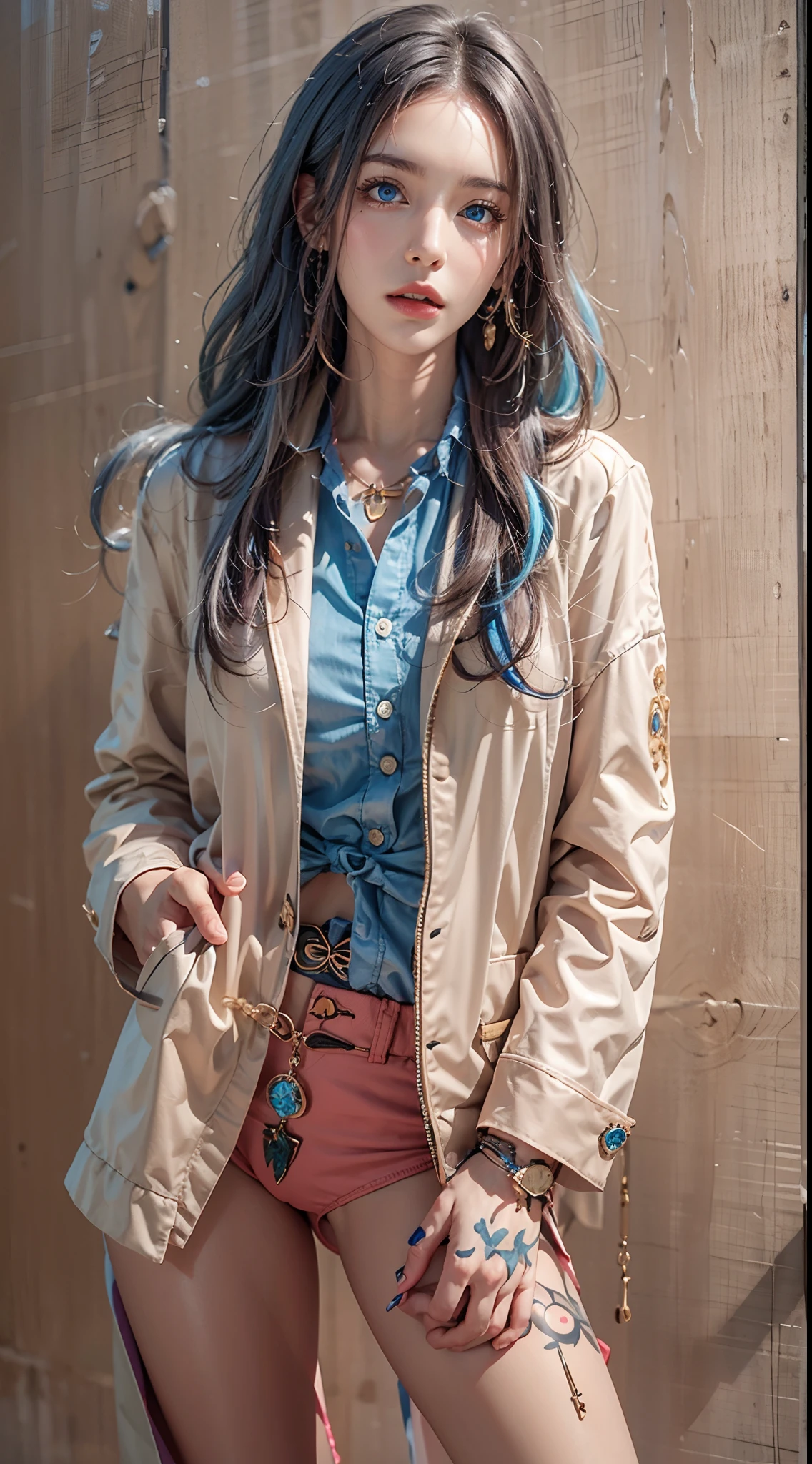 photorealistic, masterpiece, photorealistic, high resolution, soft light, hips up, blue eyes, long hair, jewelry, tattoo, pink suit, cool style