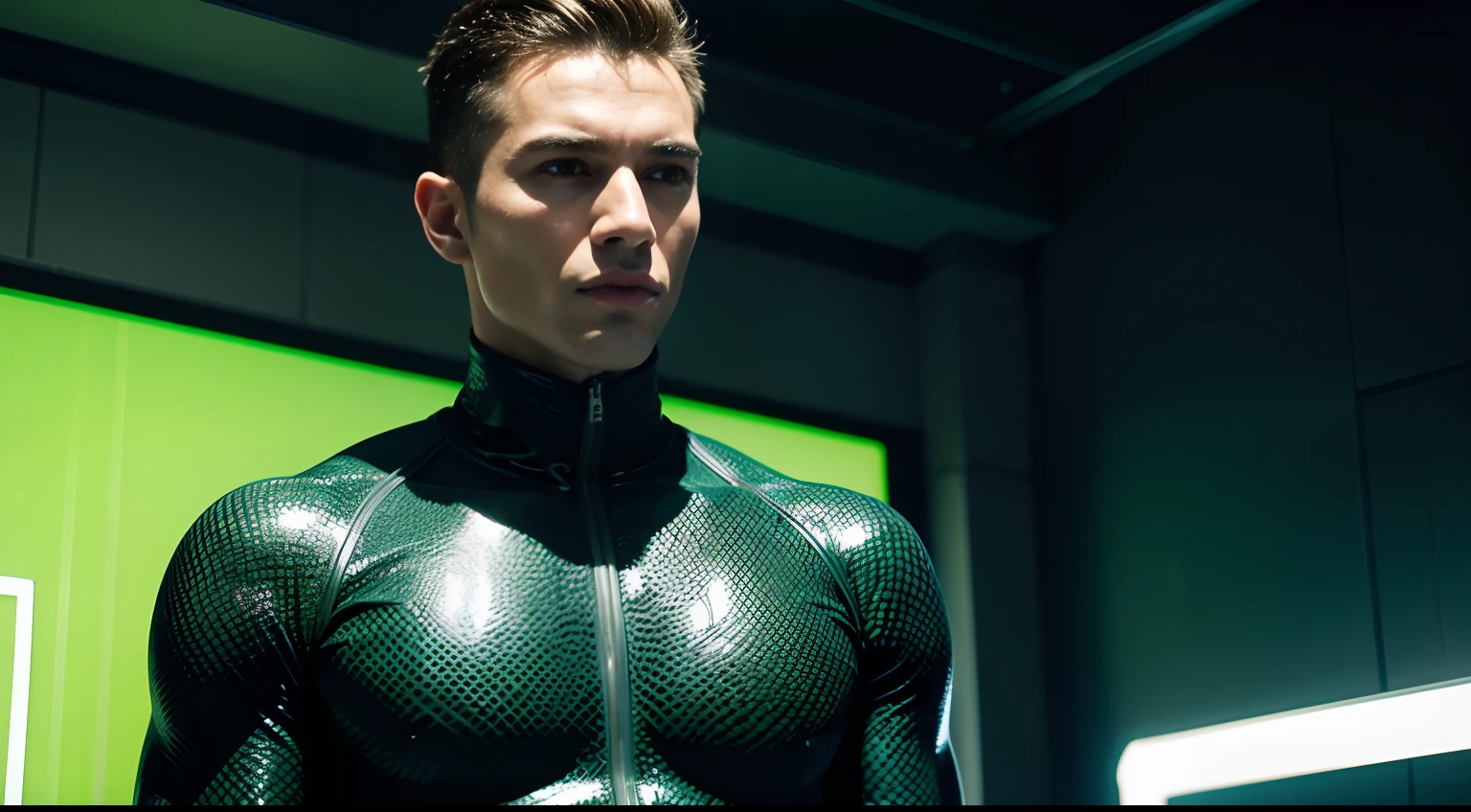 1990 screengrab of male model Cell wearing a green Balenciaga bodysuit with green biomechanical patterns, fashion movie scene, Balenciaga commercial –ar 3:2 –v 5