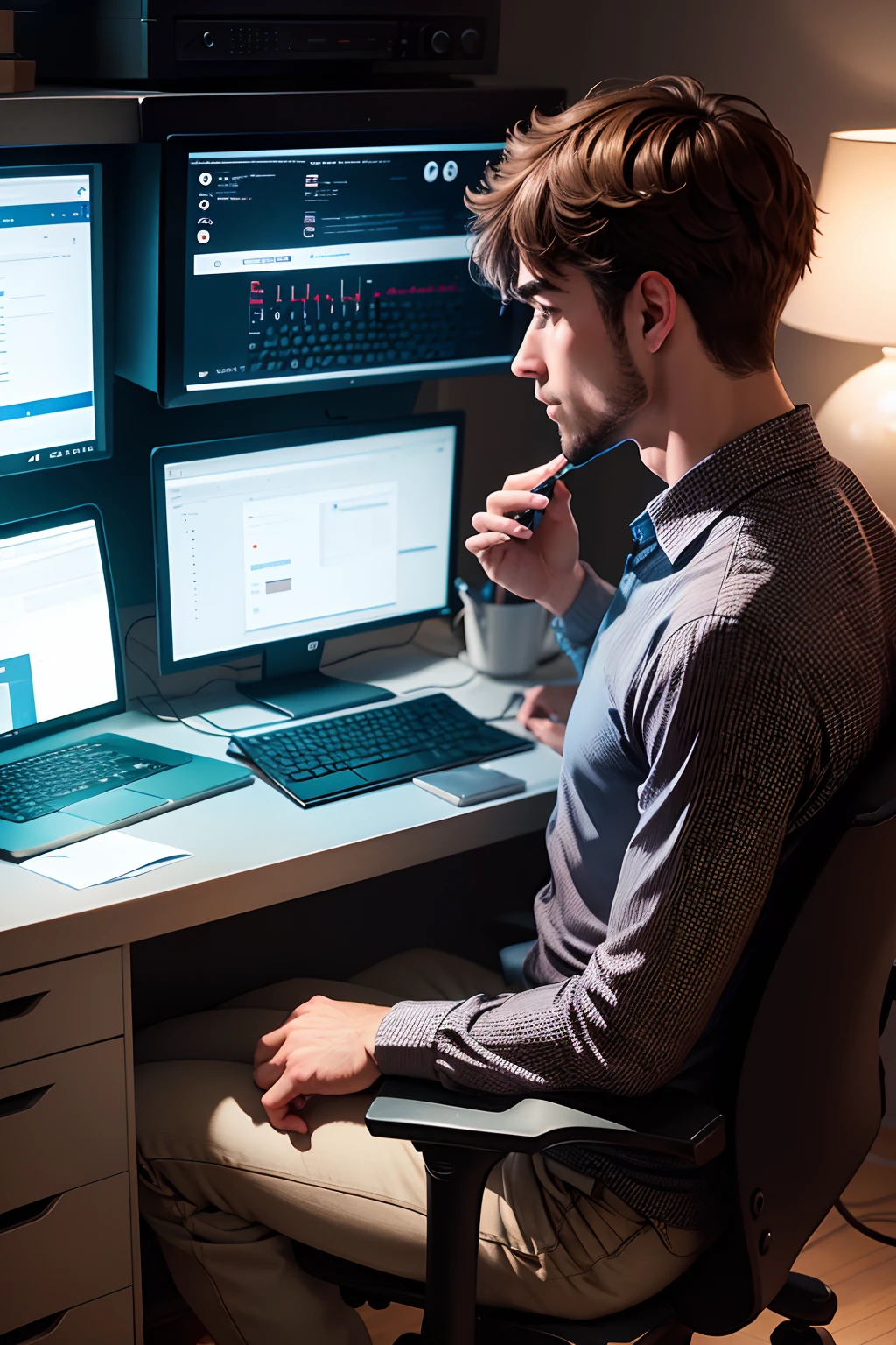 An Individual man Engaging in Various Computer Tasks.