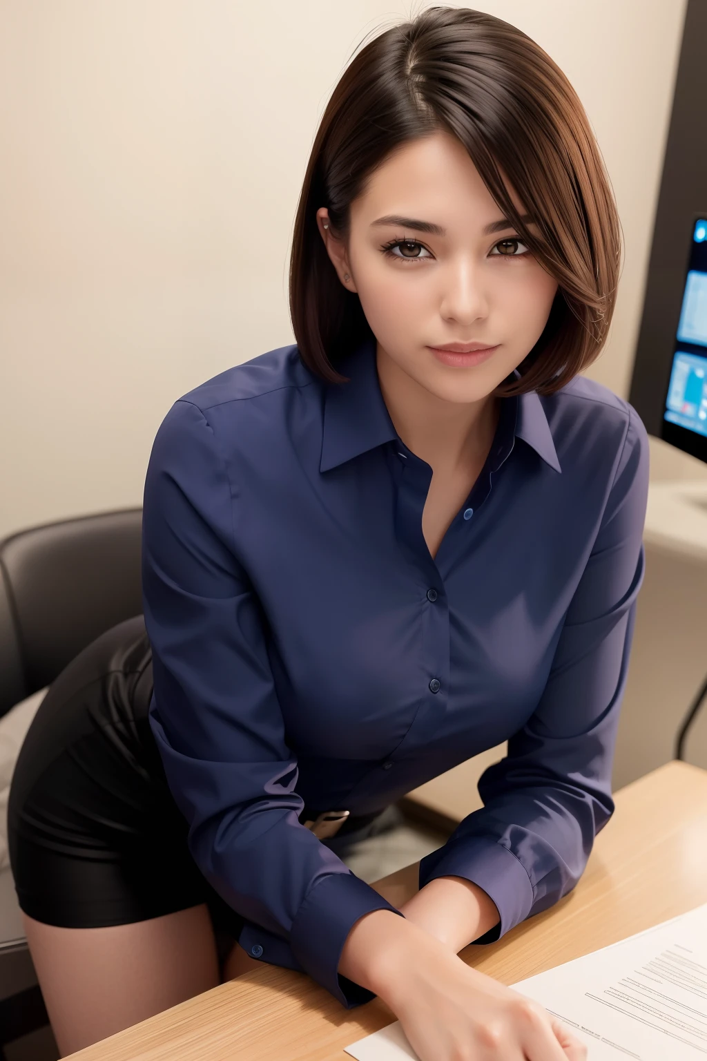 (8k, best quality, masterpiece:1.2), (realistic, photo-realistic:1.37), ultra-detailed, 1 girl,cute, solo,beautiful detailed sky,detailed office,night,sitting,(nose blush),(smile:1.15),(closed mouth) , medium breasts,beautiful detailed eyes,(collared shirt:1.1), night, wet,business attire, rain, (short hair:1.2), pureerosface_v1, computer, detail finger, beautiful detailed face,