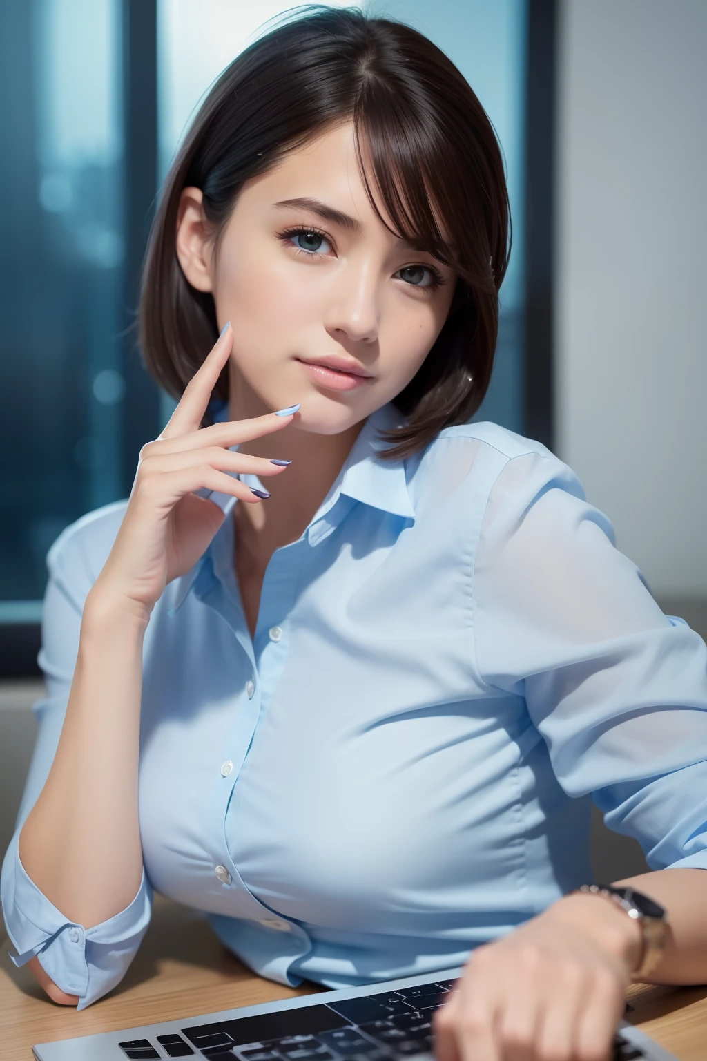 (8k, best quality, masterpiece:1.2), (realistic, photo-realistic:1.37), ultra-detailed, 1 girl,cute, solo,beautiful detailed sky,detailed office,night,sitting,(nose blush),(smile:1.15),(closed mouth) , medium breasts,beautiful detailed eyes,(collared shirt:1.1), night, wet,business attire, rain, (short hair:1.2), pureerosface_v1, computer, detail finger, beautiful detailed face,