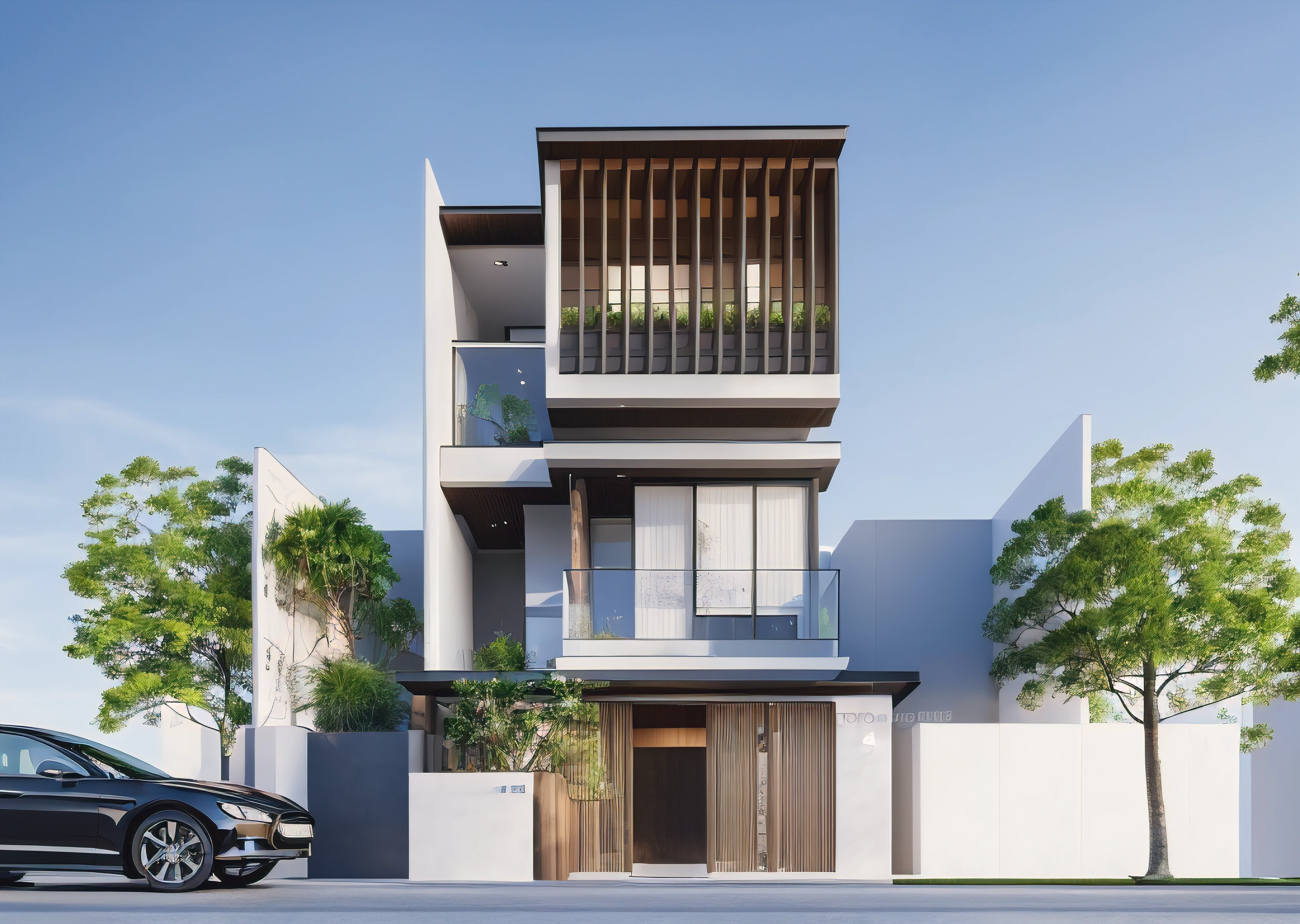 a view of a modern home with a large front yard, main material by white wall and stone and wood,  1 road runs in front of the house,  (RAW photo, real, best quality, masterpiece:1.2), look morden minimalist, 1 road in front of the house, shime ring light, light brighteness from indoor:1.2, dynamic lighting:1.3, (hyper realistic, photo-realistic:1.2), high quality, day lighht, hight contrast :0.5 perfect lighting, archdaily,  award winning contemporary, contemporary masterpiece, well-designed masterpiece, large modern residence, neotraditional modern, wide angle exterior 2022, midcentury modern, contemporary house, hip modern vibe, a long-shot from front, award winning modern design, stunning lines, residential, subtle detailing