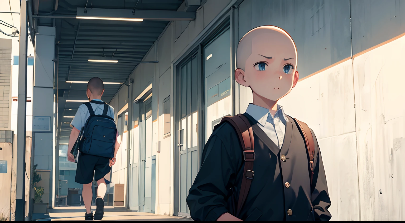 Skinhead elementary school boy、Carrying a school bag on your back、Facing the front、Flustered expression、Troubled look、Dark look、The background is an elementary school