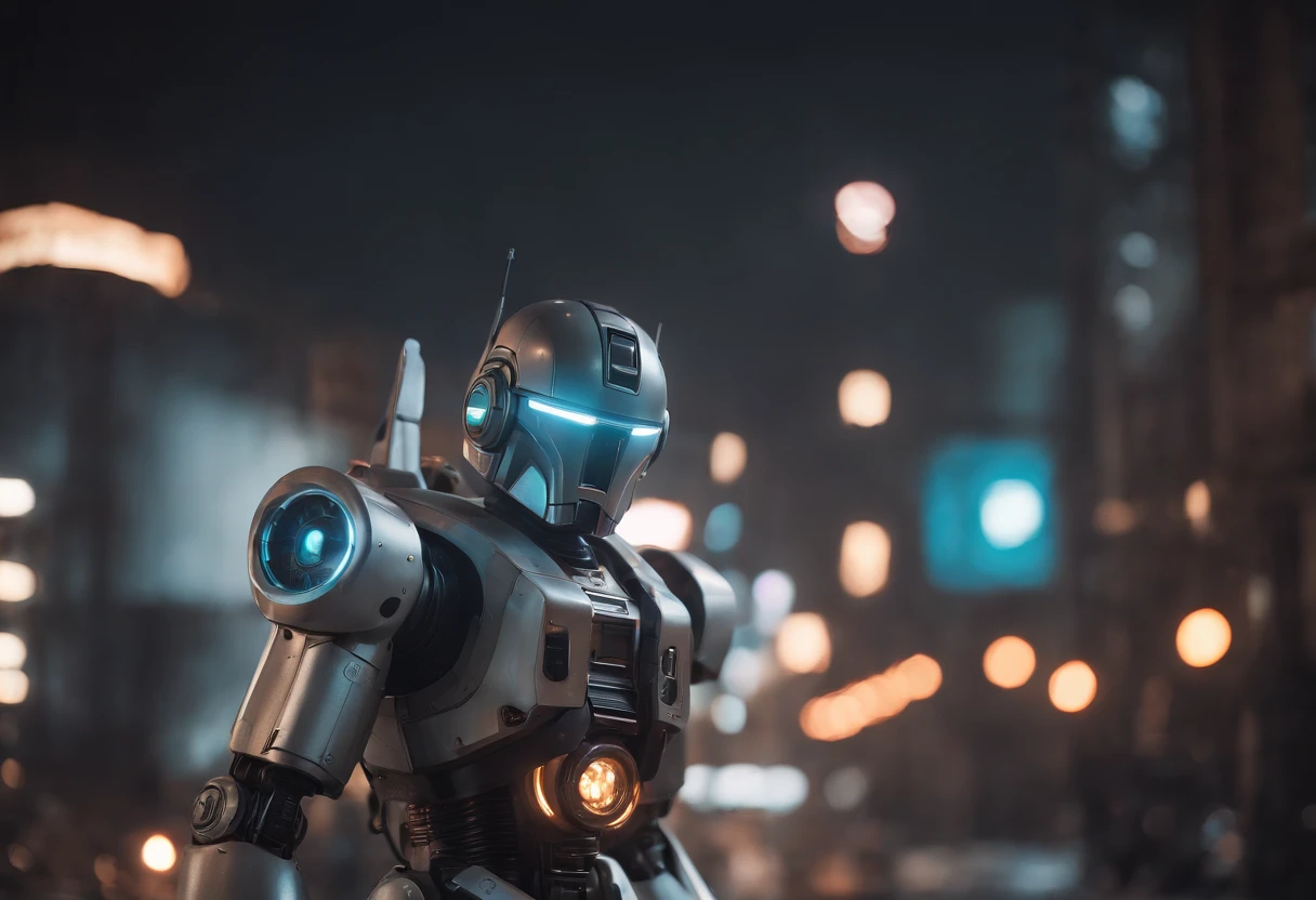 Masterpiece,offcial art,8K, Masterpiece, Best quality, Highly detailed, Futuristic, Dynamic, Glowing, Metallic, droid,, , The world of cybernetics,Mecha:1.2,energy waves,blasts,High-tech architecture,Neon lights,soot.