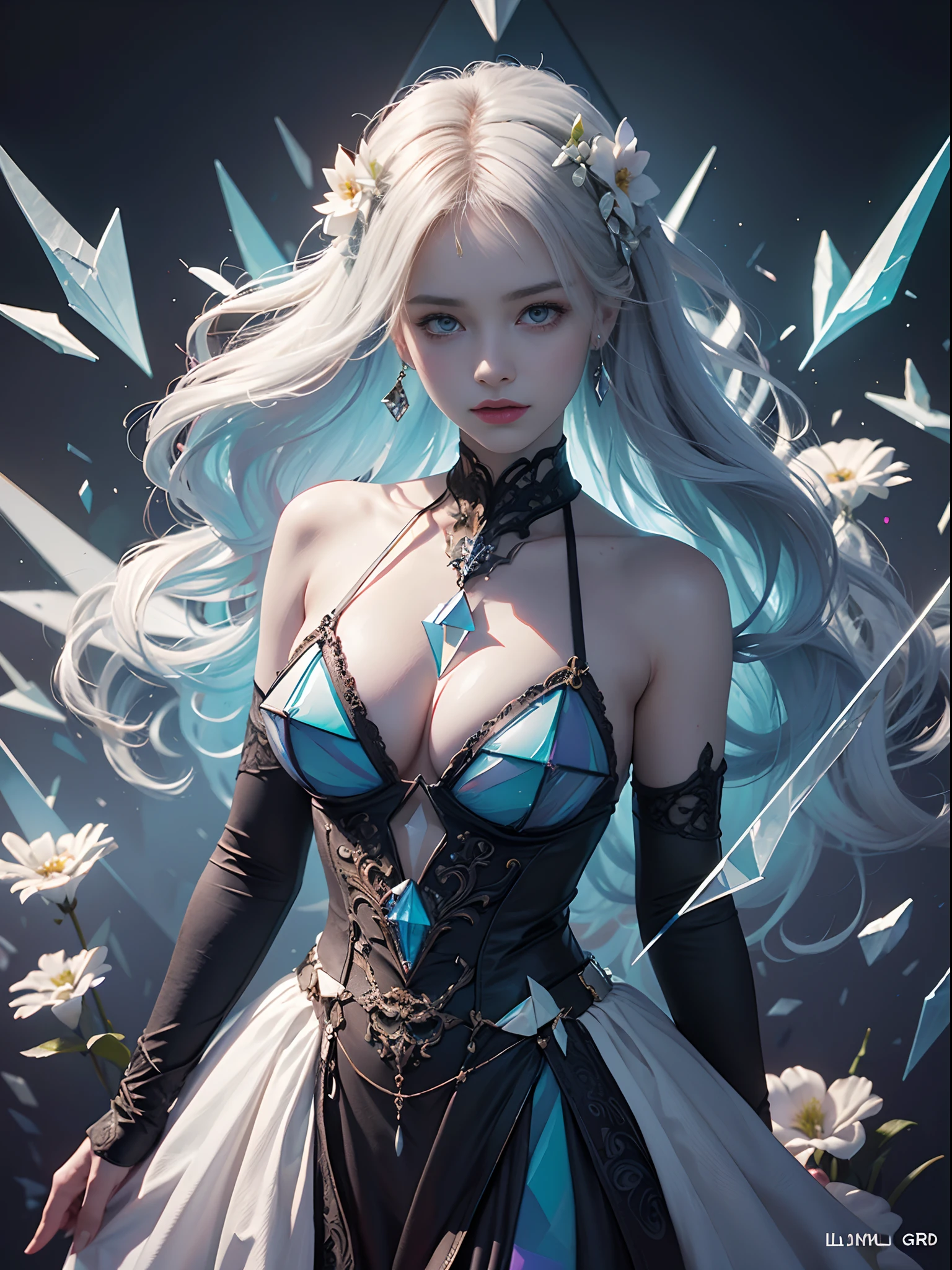 Unbeatable masterpiece, Ultra photo realsisim , Perfect artwork , Intricate details , Best quality , Strong light , High contrast , Dynamic pose , Dutch angle , ((Depth of field)) , 1 girl , ((White flowers)) , Gothic Victorian architectural watercolor (mediating) , Colored pencils (mediating) , Aesthetic ,Intricate , Detailed background , Looking_at viewer , (Girl in intricate clothes :1.5) ,(Take a walk in the White Garden) , (Huge chest) , (dress) , (full bodyesbian:1.3) , (Beautiful detailed eyes:1.0) , (Detailed face:1.0) , standing , ((trippy art)) , Fault art , Abstract art , concept-art , (Point _Color:1.4) , (RGB splitting:1.3) , (god light)(Extremely detailed light) , (Science _fiction:1.2) , (psychedelia:1.2) , (Colorful ink) , (Floating colored ink droplets) , (triangles:1.3) , (Lilith of the Night:1.3) .(data stream) , (Gradient_Background:1.5) , (Fault background) , (Pixel digital glow:1.2) , (Fluorescent graffiti :1.2) , (Neon light:1.2) , (light stick:1.2) .(Floating triangular glass shards:1.7)