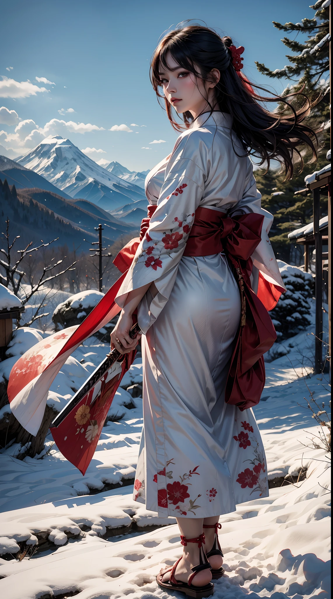 （woman swordsman、Hold the sword、Iai-no-I、Japanese Katana Sword）（Masterpiece 1.4, Best Quality 1.4、Detailed skin、beautiful countenance）,1girl in,  Detailed skin、Detailed and Beautiful Face 1.4、Bow, Long hair, A dark-haired , Hair fluttering in the wind、White and red kimono、Long Hakama、 Blood-stained kimono、Sandals、Bright red blood splattered on the white snow、Official art, Good composition, Official Pose, detailed portrait,Clouds and mountains background, Samurai, High resolution, Dramatic lighting and shadows, snowscape、In the wooded forest