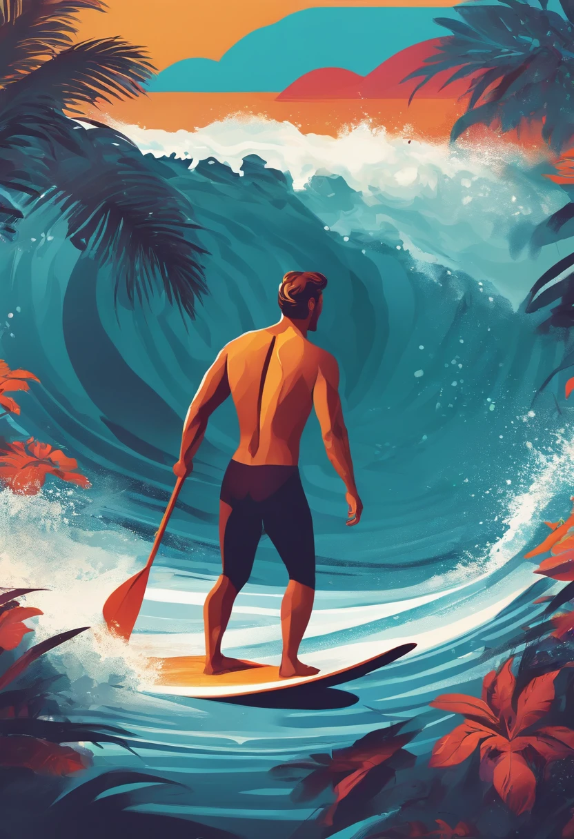 man surfing 2d flat illustration