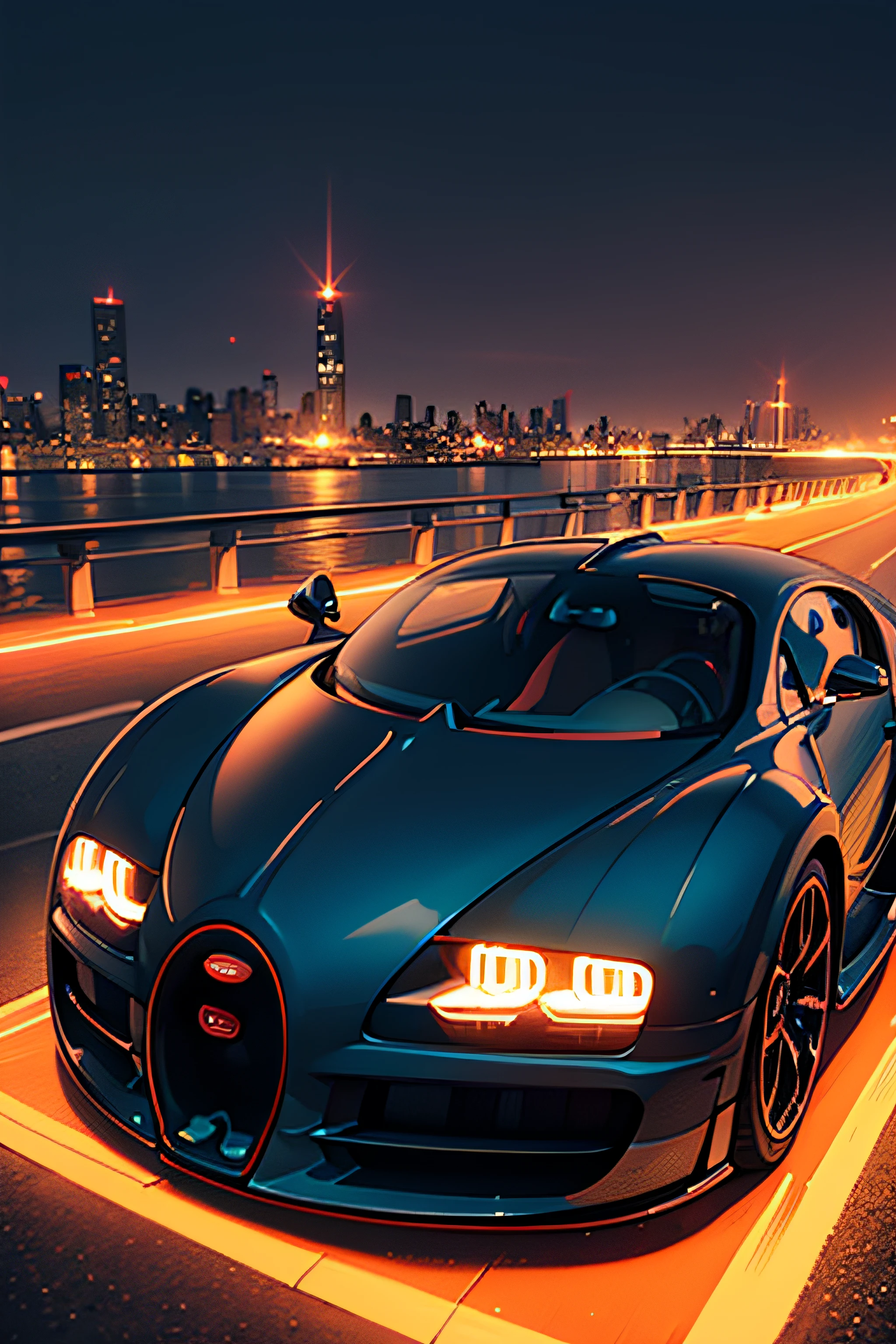 (bugatti,ultra-realistic:1.2),4k,ultra-detailed,night city background,orange color,studio lighting