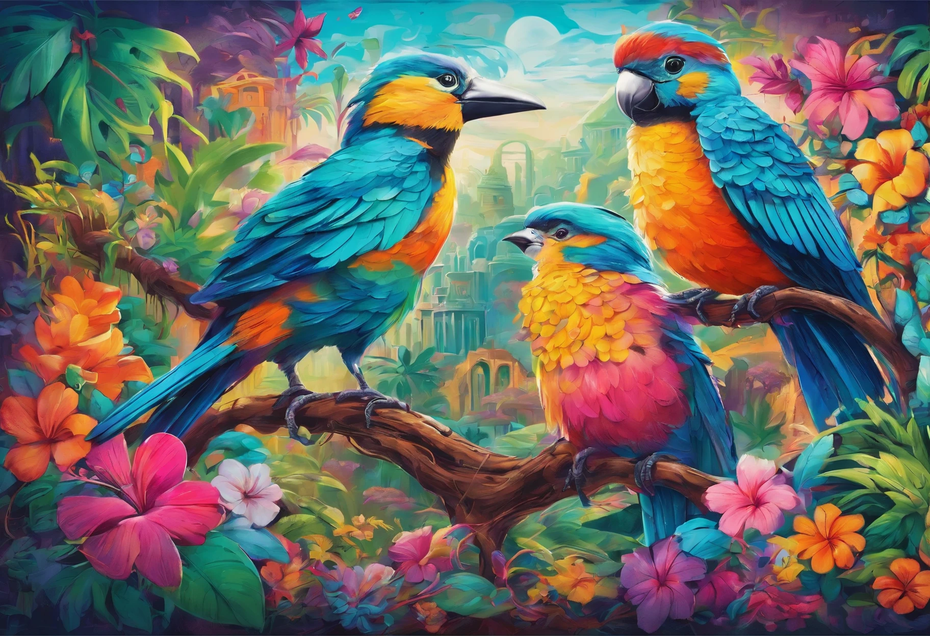 A tropical fantasy deep jungle where colorful birds, exotic flowers, and ancient ruins coexist in harmony.