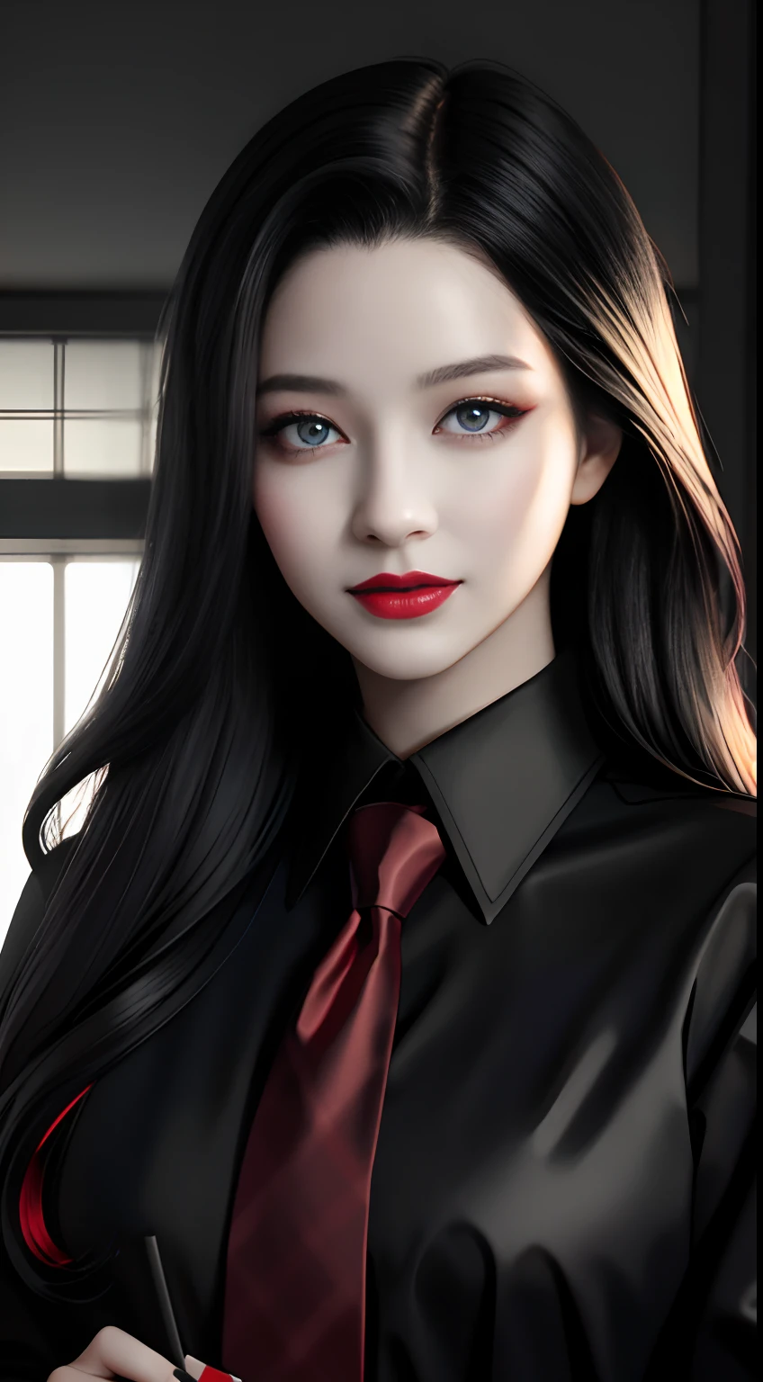 HD, 8K, (((Masterpiece))), (((A high resolution))), ((Best quality)), ((An extremely delicate and beautiful)), Crazy detail and intrusive, Super detailed, Tokyo Ghoul, 1 woman, Solo, black collared shirt, red necktie, Pale skin, large lips, Puffy lips, Black lips, Red eye, eBlue eyes, Heterochromia, ringed eyes, Glowing eyes, Black hair, Long hair, hair slicked back, ghoul, Evil smile, scars face