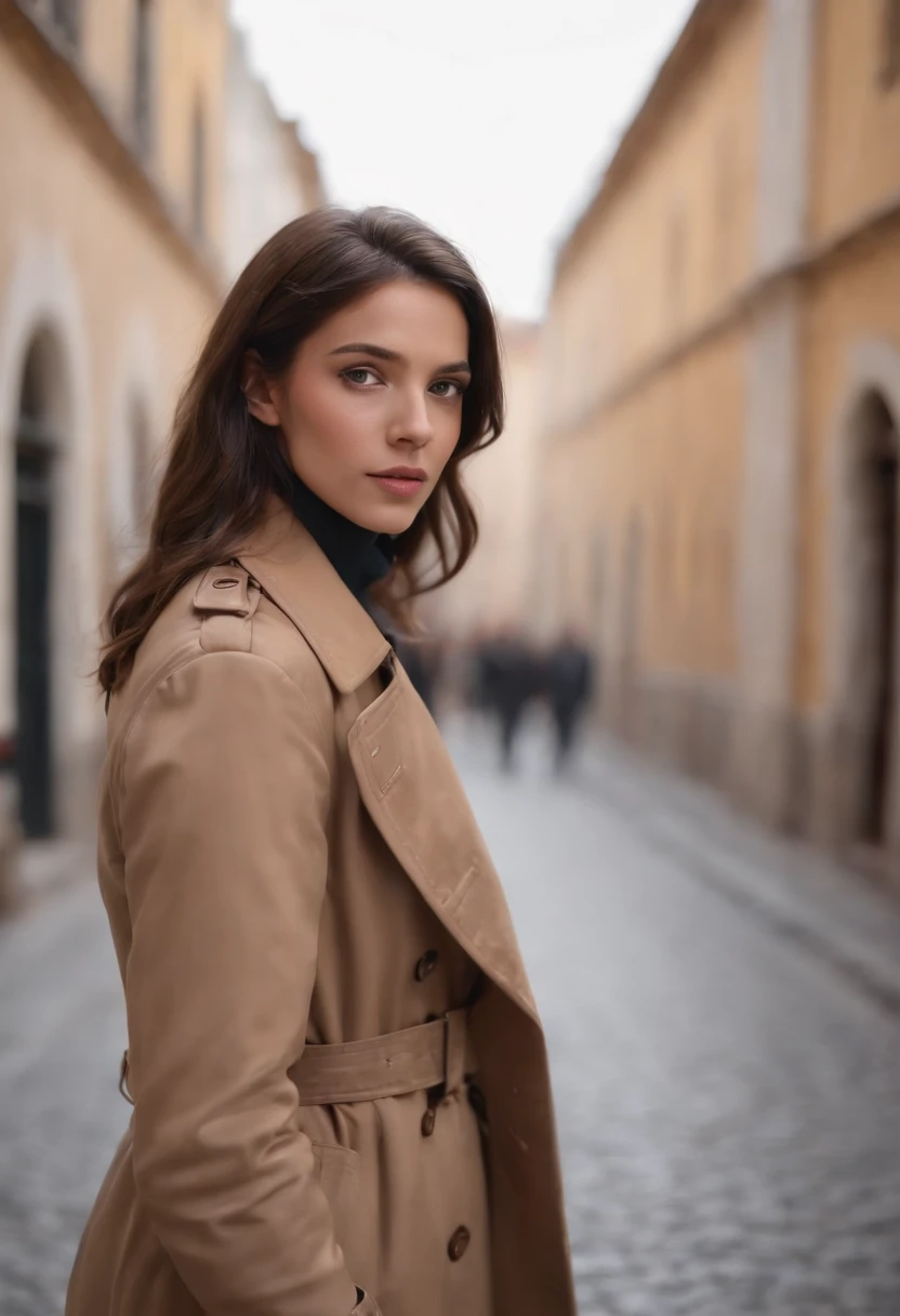A young detective in a brown trench coat, Cabello medio morado y ojos amarillos, ojos bien dibujados, A lo lejos, Back and rear-facing, con las manos en los bolsillos. Alone in the middle of an empty city street, Por la noche. Estilo oscuro, Excelentemente dibujado, Good coloring, Obra maestra.