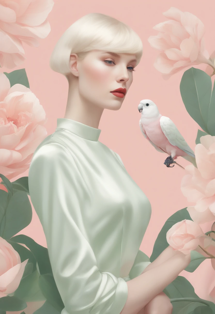 A fashion magazine, Hyperrealistic oil painting, (a pure white parrot), Short hair neutral woman, pink and emerald, Plants cover the background, style of artist hsiao-ron cheng, shiny hair, cowboy shot, Art Deco, Verism, bloom, award winning, retina