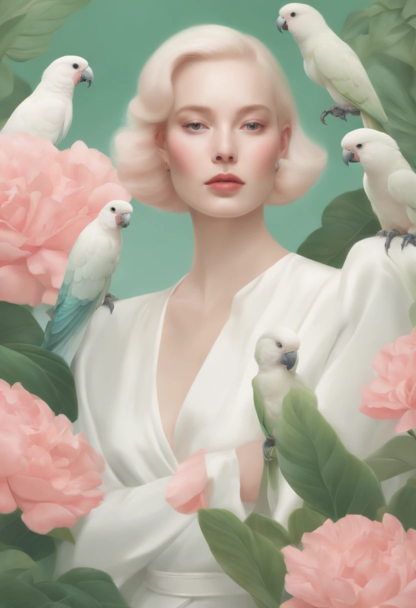 A fashion magazine, Hyperrealistic oil painting, (a pure white parrot), Short hair neutral woman, pink and emerald, Plants cover the background, style of artist hsiao-ron cheng, shiny hair, cowboy shot, Art Deco, Verism, bloom, award winning, retina