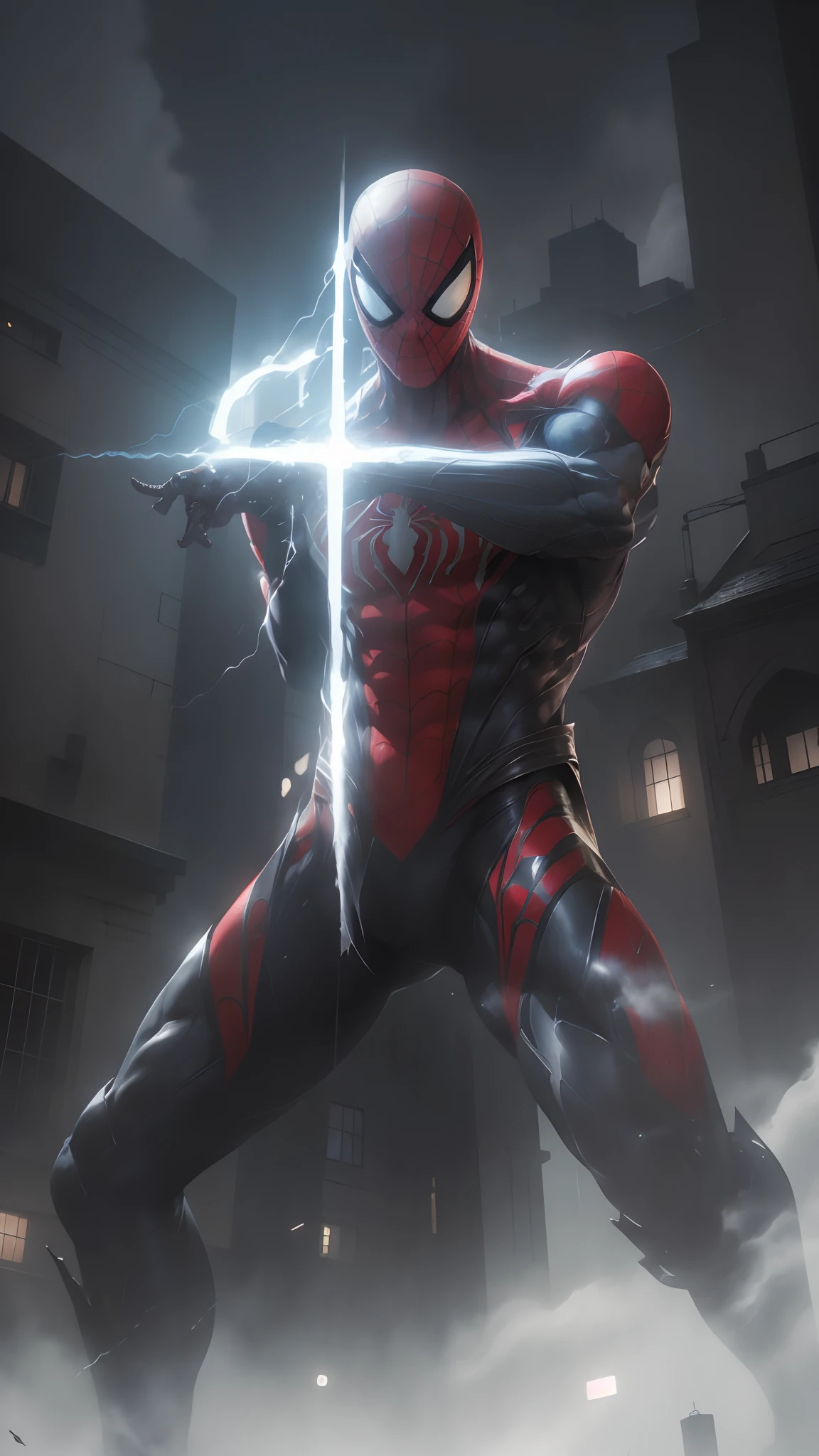 Spiderman in black suit, masculine figure, top of a building, dark ambient, cinematic, aggressive look, glowing eyes, wallpaper, hd wallpapers, detailed, hyper realistic, rainy afternoon, old building, looking at the viewer, mechanical suit