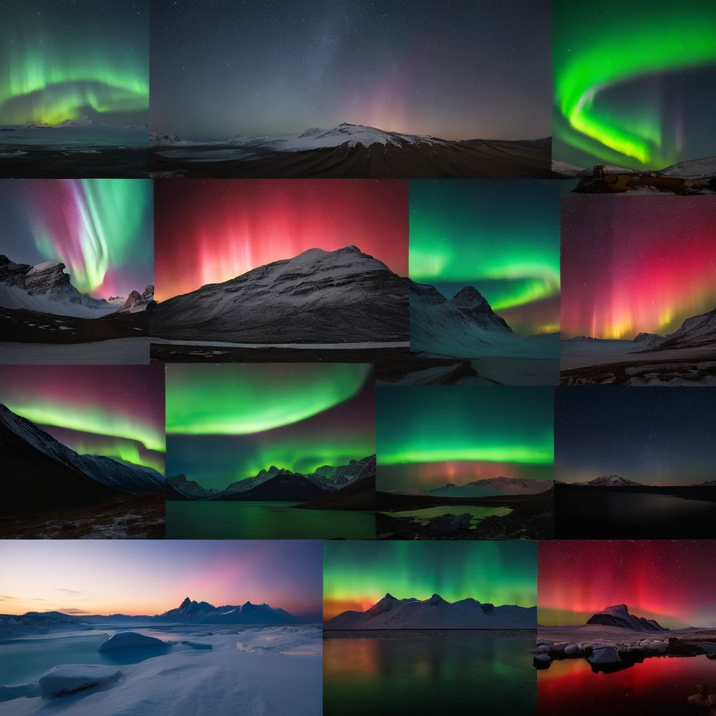 Master Parts、Superior Quality、superior image quality、The 8k quality、Beautiful pictures of the starry sky、magnifica、Arched Milky Way:1.25、north pole:1.5、Pale glaciers:1.9、(Red Aurora Borealis:1.25)