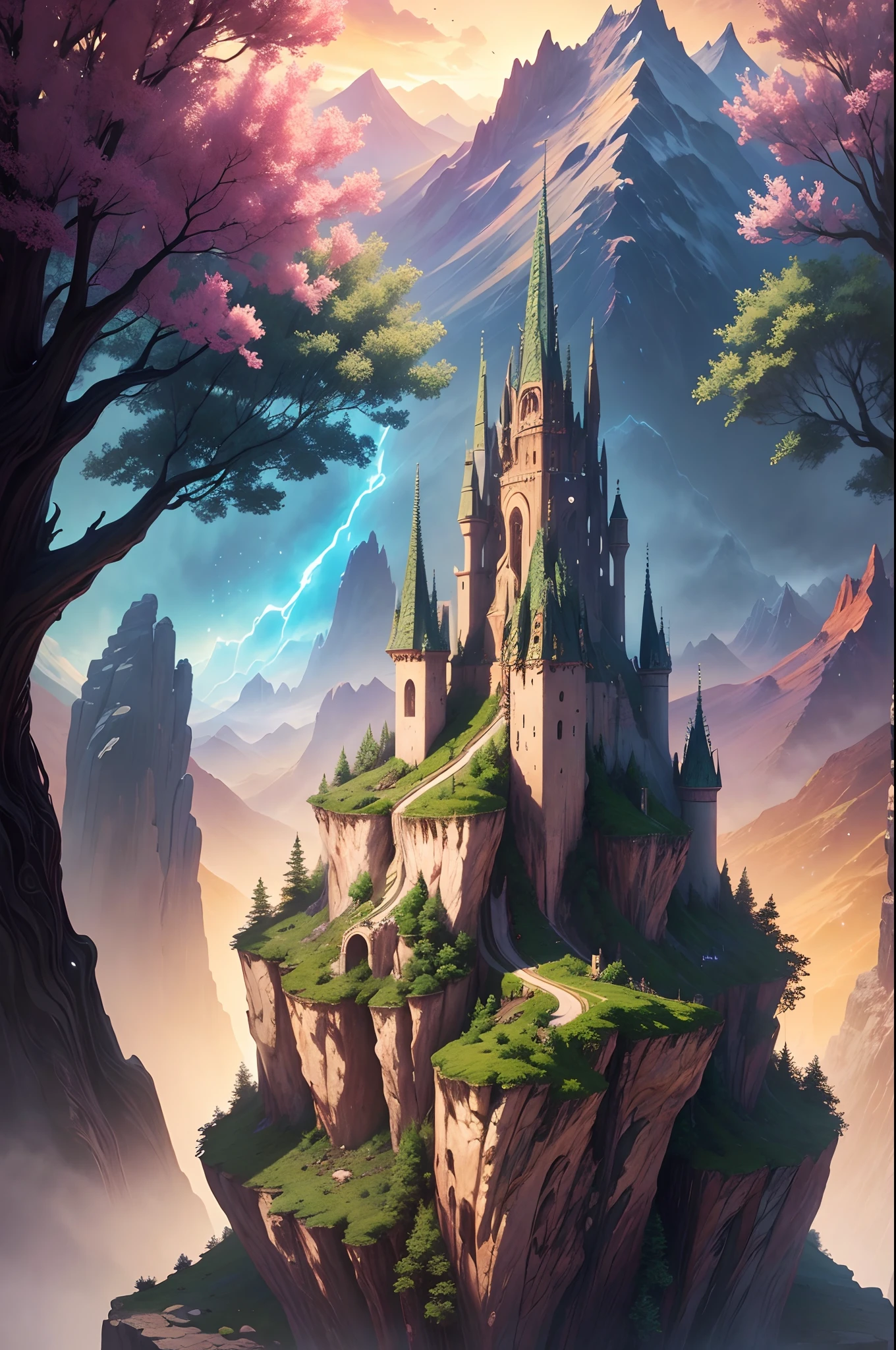 a painting of a pathway leading to a colorful mountain landscape, beautiful art UHD 64k, mystical fantasy landscape, epic dreamlike fantasy landscape, 4k highly detailed digital art, colorfully digital fantasy art, magical landscape, magical colors and atmosphere, 64k stunning artwork, fantasy landscape, dream landscape, impressive fantasy landscape, blossoming path to heaven, fantasy space--Over-the-shoulder Shot Brown lighting, 300mm f/4 Kinetic Art --aspect 7:4 --s 750 --v 5.2