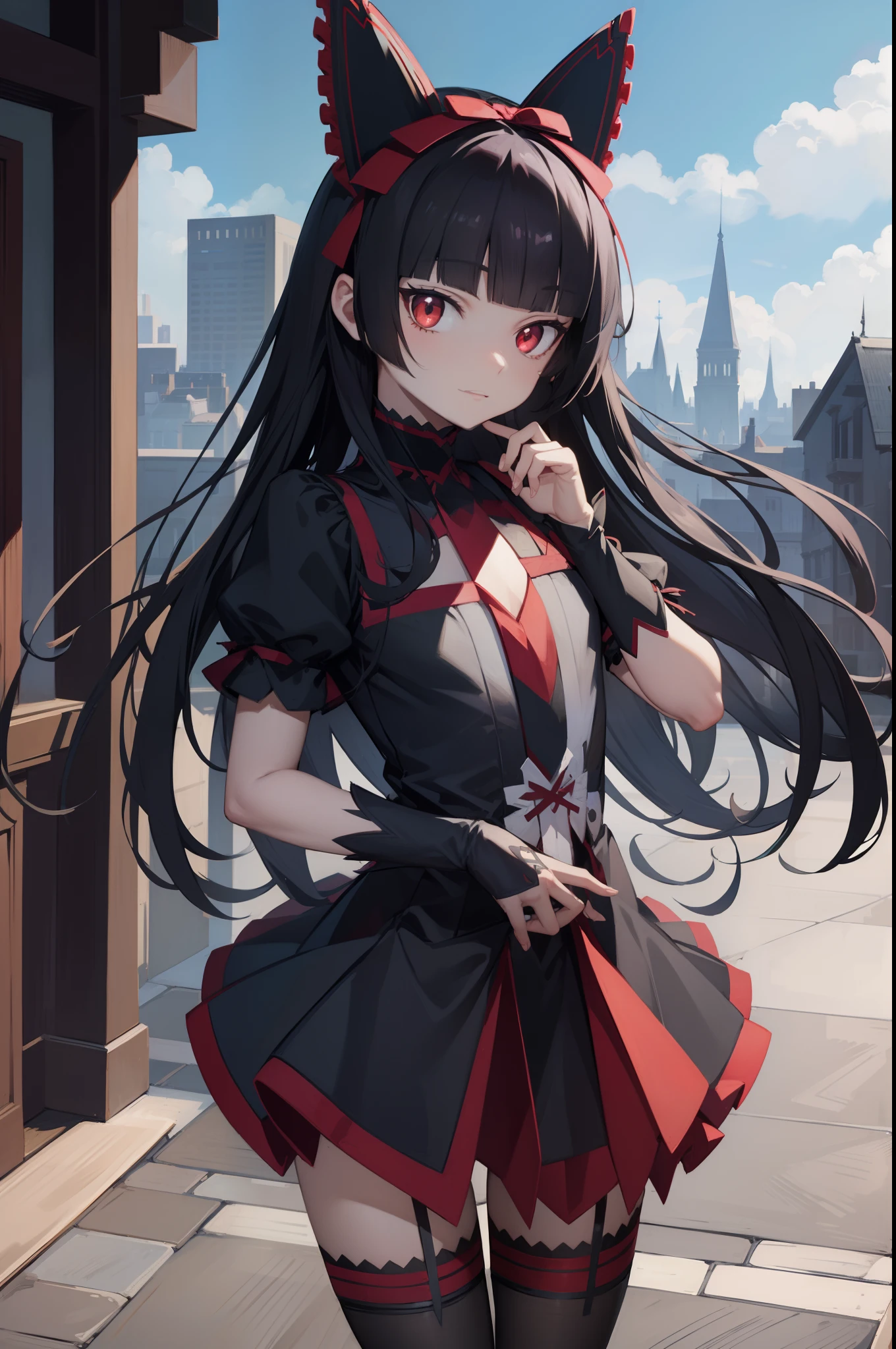 rorymercury, rory mercury, black hair, blunt bangs, hime cut, hair ornament, lipstick, long hair, makeup, (small chest:1.2), (red eyes:1.5), BREAK black gloves, black thighhighs, garter straps, gloves, gothic, hair bow, gothic fashion, puffy short sleeves, puffy sleeves, short sleeves, thighhighs, BREAK outdoors, city, BREAK looking at viewer, BREAK (masterpiece:1.2), best quality, high resolution, unity 8k wallpaper, (illustration:0.8), (beautiful detailed eyes:1.6), extremely detailed face, perfect lighting, extremely detailed CG, (perfect hands, perfect anatomy),