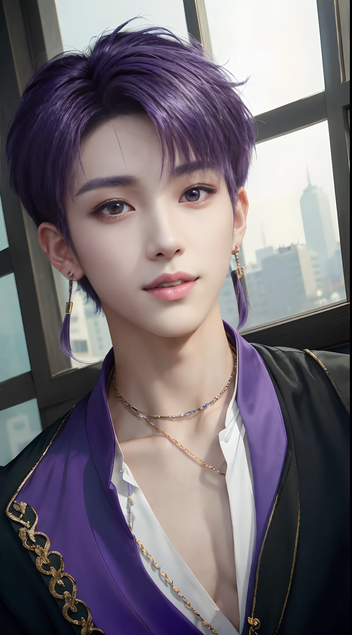 masterpiece, top-quality, 1male people,, Adults, tall, different fashion, different color, finely eye and detailed face, intricate detailes, Korean fashion in black and white, window, A smile, Happiness, tenderness, high-level image quality、 selfee, Two beautiful men、tall、The upper part of the body、nightfall、nighttime scene、𝓡𝓸𝓶𝓪𝓷𝓽𝓲𝓬、Korean Male, Idol Photos, k pop, Professional Photos, Vampires, Korean fashion in black and white, Fedoman with necklace, inspired by Sim Sa-jeong, androgynous vampire, :9 detailed face: 8, extra detailed face, detailed punk hair, ((eyes are brown)) baggy eyes, Seductive. Highly detailed, semi realistic anime, Vampires, hyperrealistic teen, delicate androgynous prince, imvu, short hair above the ears, Man with short hair, ((Purple haired man with wild expression)), ((Man with short hair in bright purple)), ((Only one man))