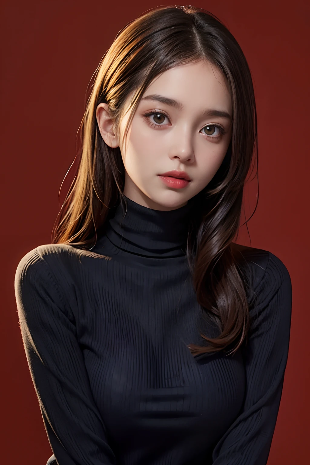  Professional photograph of a 28 years old pretty girl with grey eyes,  black middle-length curly hair, slightly open mouth and pale skin with a  rosy complexion. Dressed in a black turtleneck sweater. Facing slightly  to the right, turning the head towards the camera ,tiffen soft contrast filter effect, Muted background.