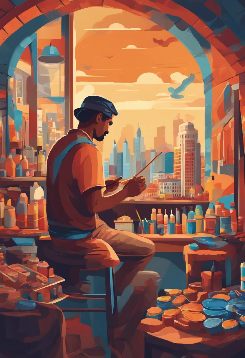 Show a man surrounded by art supplies, painting a vibrant mural on a city wall, 2d flat illustration