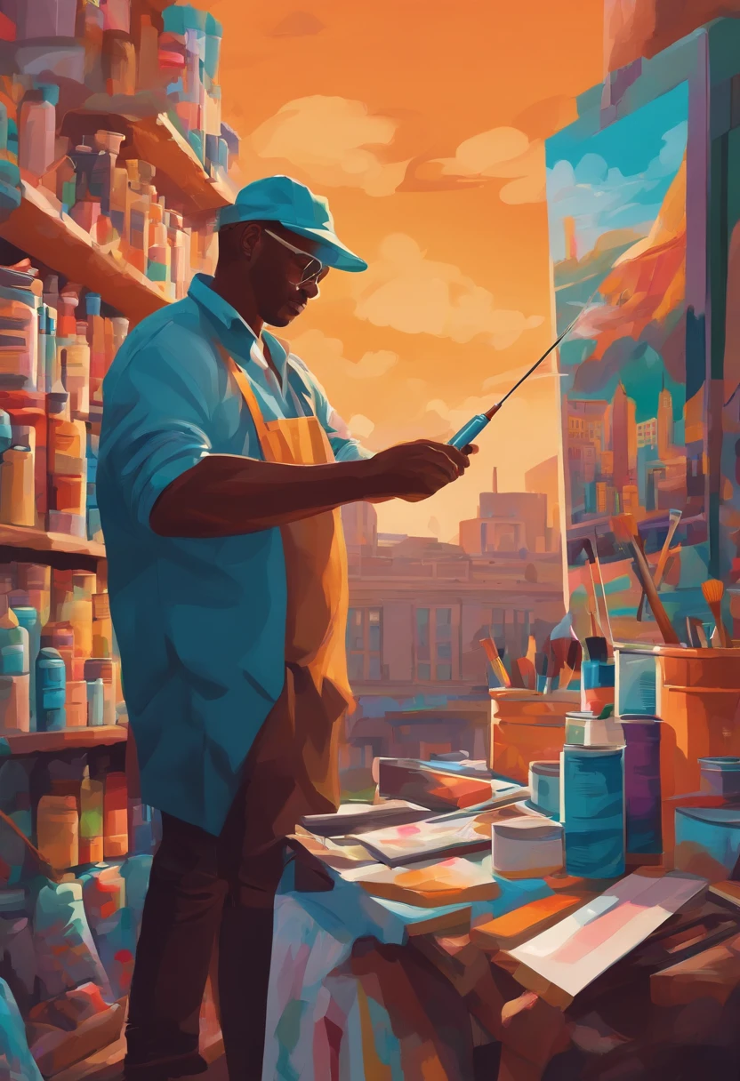 Show a man surrounded by art supplies, painting a vibrant mural on a city wall, 2d flat illustration