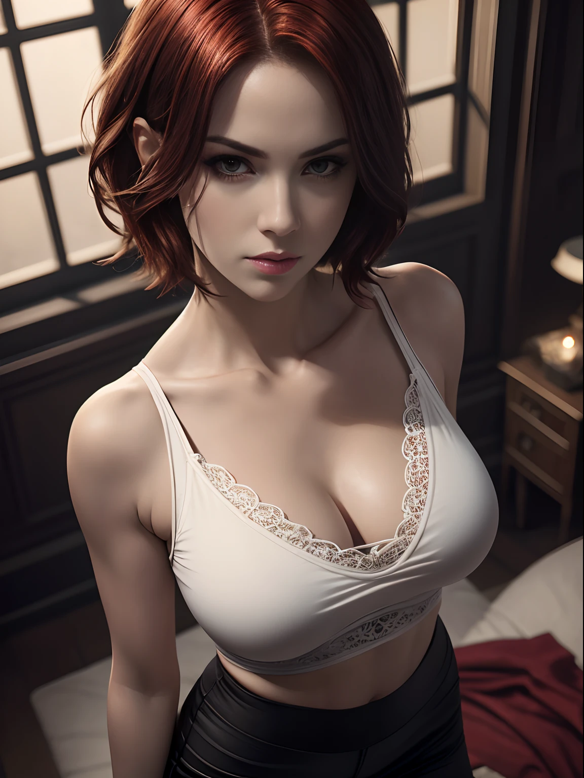 Photorealistic Image of Gorgeous British Vampire Woman with Proportional Body, Short Bob Red Hair, Pale Skin, Serious Face, Deep Cleavage, White V-Neck Tank-Top and Black Tight Long Pants, Bedroom Window, Centered, Waist-up Shot, From Above Shot, Insane Details, Intricate Face Detail, Intricate Hand Details, Cinematic Shot and Lighting, Realistic Colors, Masterpiece, Sharp Focus, Ultra Detailed, Taken with DSLR camera, Realistic Photography, Depth of Field, Incredibly Realistic Environment and Scene, Master Composition and Cinematography