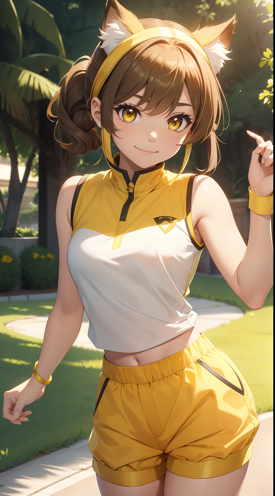 young girl, short brown hair, high ponytail, Heterochromia, green and yellow eyes, Smile, cat ears, Yellow tight sleeveless uniform, tight shorts, diadem, Gold Elements, She-ra, Masterpiece, hiquality, 4k, HD, Good detail