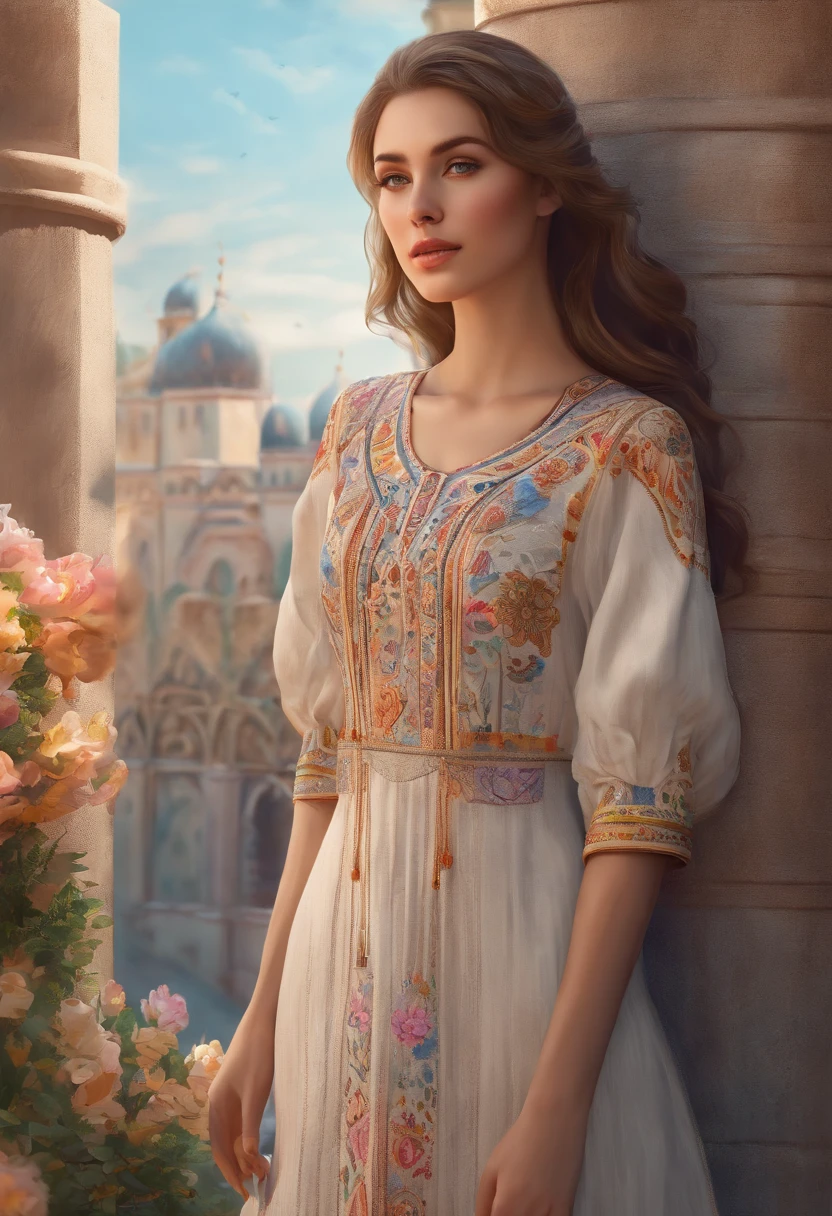 (Best Quality,4k,8K,hight resolution,Masterpiece:1.2),Ultra-detailed,(Realistic,Photorealistic,photo-realistic:1.37),Slavic woman,long flowing brunette hair,linen dress with embroidered patterns,standing in the courtyard of a tall tower and looking into the distance|Sure|Girl,beautiful detail eyes,beautiful detailed lips,Extremely detailed eyes and face,long eyelashes|illustartion|courtyard,High Tower,Embroidered patterns,linen dress,Beautiful surrounding landscape|HDR,Vivid colors,bokeh|Soft and warm lighting|