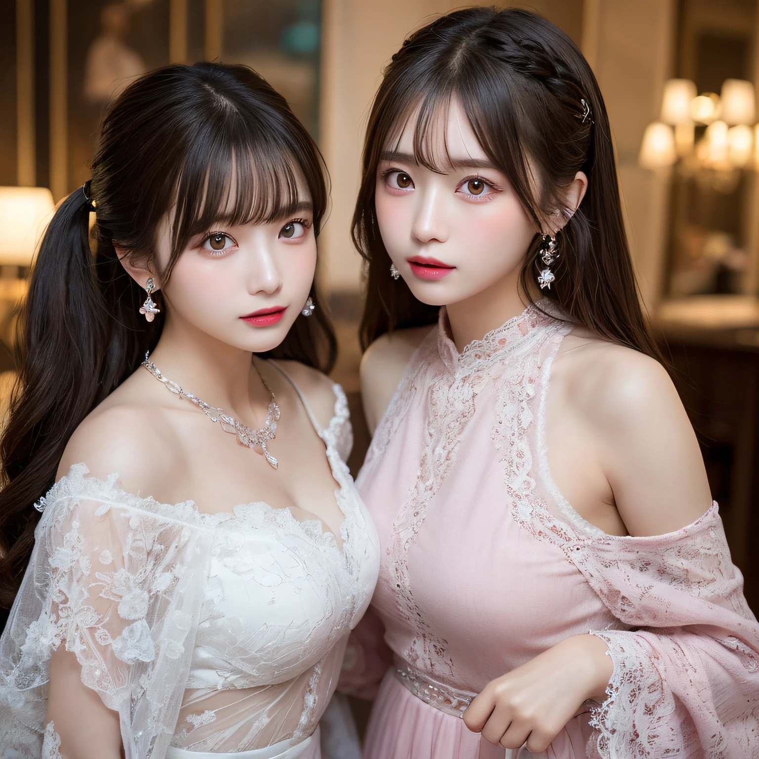 finely detail, hight resolution, hightquality、Perfect dynamic composition, Beautiful detailed eyes, twin-tail hair, Beautiful breasts 、Natural Color Lip, up of face,Kamimei、2 girls in、Transparent skin、Glowing hair、Pink luxury clothes、Fluffy skirt、intricate lace、complex dress、intricate hair ornament、Complex earrings、Complex necklaces、