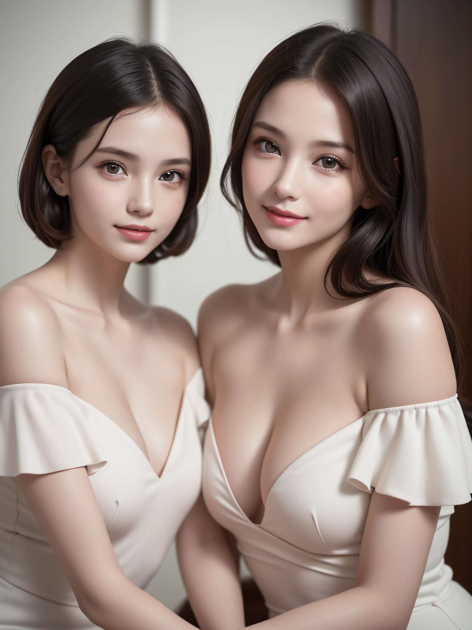 (2young girls:1.3), (Ultra realistic, high res), (highly detailed eyes, highly detailed hair, highly detailed face, highly detailed plump lips), naked, (off shoulder), breasts, upper body, caute smile, (best quality:1.4), Raw photo, (realistic, photo-realistic:1.37), professional photography, cinematic light, (fine face: 1.2),