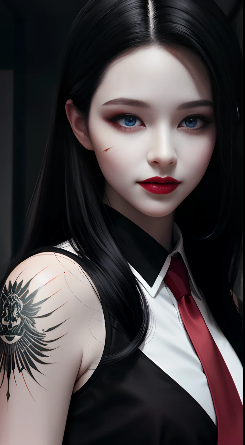 HD, 8K, (((Masterpiece))), (((A high resolution))), ((Best quality)), ((An extremely delicate and beautiful)), Crazy detail and intrusive, Super detailed, Tokyo Ghoul, 1 woman, Solo, black collared shirt, red necktie, Pale skin, large lips, Puffy lips, Black lips, Red eye, eBlue eyes, Heterochromia, ringed eyes, Glowing eyes, Black hair, Long hair, hair slicked back, ghoul, Evil smile, scars face
