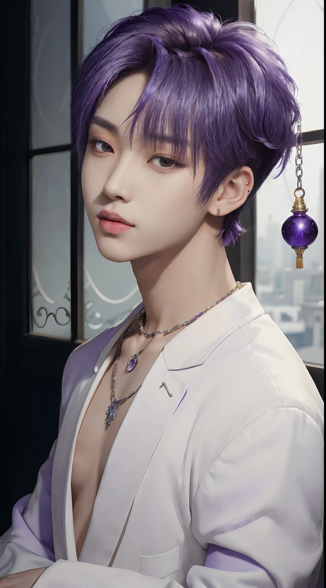 masterpiece, top-quality, 1male people,, Adults, tall, finely eye and detailed face, intricate detailes, ((Korean fashion in black and white)), window, Happiness, tenderness, high-level image quality、The upper part of the body、nightfall、nighttime scene、𝓡𝓸𝓶𝓪𝓷𝓽𝓲𝓬、Korean Male, Idol Photos, k pop, Professional Photos, Vampires, Korean fashion in black and white, Fedoman with necklace, inspired by Sim Sa-jeong, androgynous vampire, :9 detailed face: 8, extra detailed face, detailed punk hair, ((eyes are brown)) baggy eyes, Seductive. Highly detailed, semi realistic anime, Vampires, hyperrealistic , delicate androgynous prince, imvu, short hair above the ears, Man with short hair, ((Purple hair man with wild expression)), ((Man with short hair in bright purple)), ((Only one man))