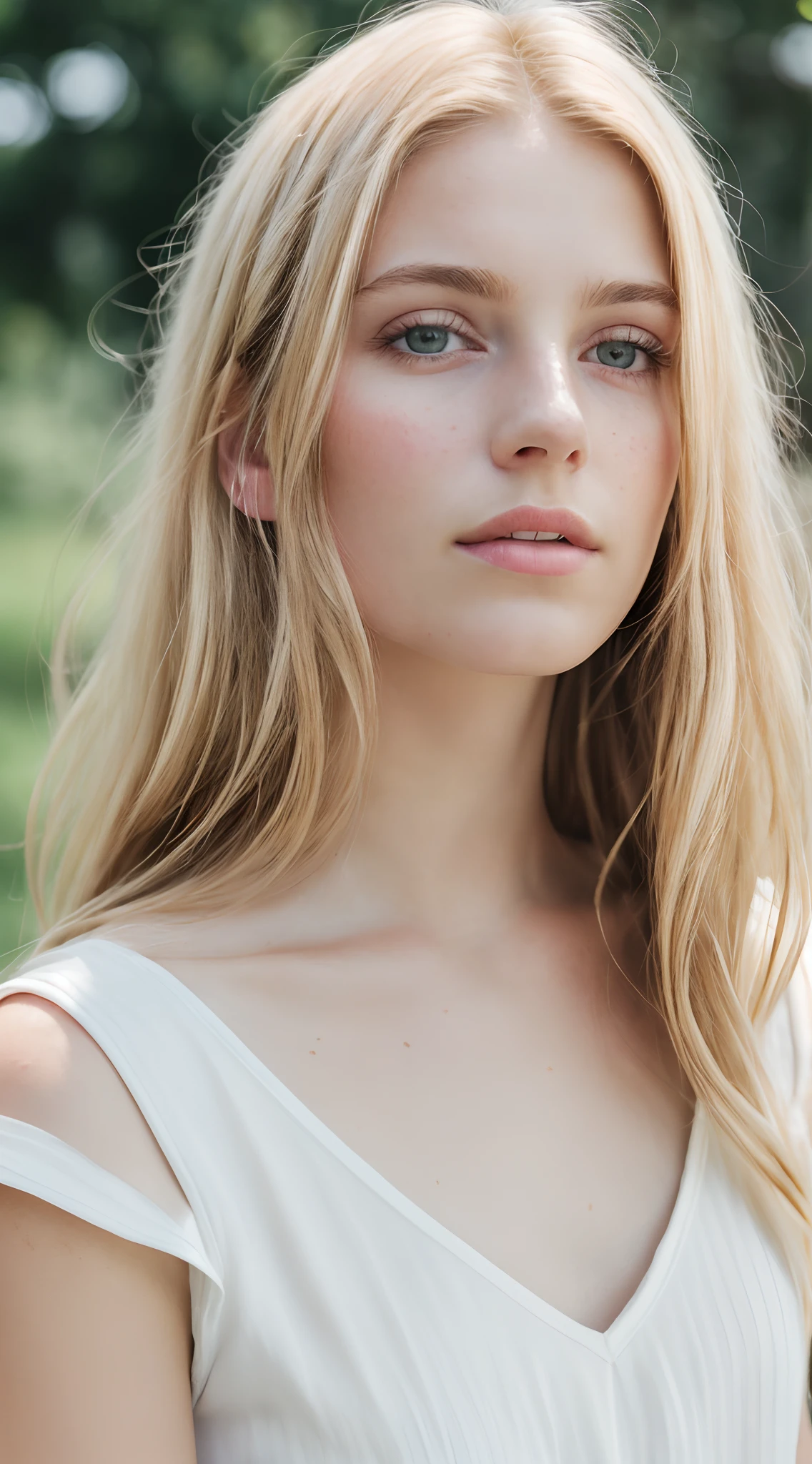 An outdoor close-up portrait of a Nordic woman wearing a silk white sundress, with a sexy expression, leaning forward,